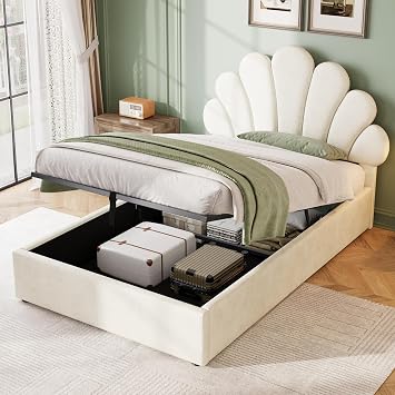 BTM 3ft Girls Single Bed with Chic Petal Headboard, Velvet Upholstered Storage Bed Frame, Beige No Box Spring Needed No Mattress