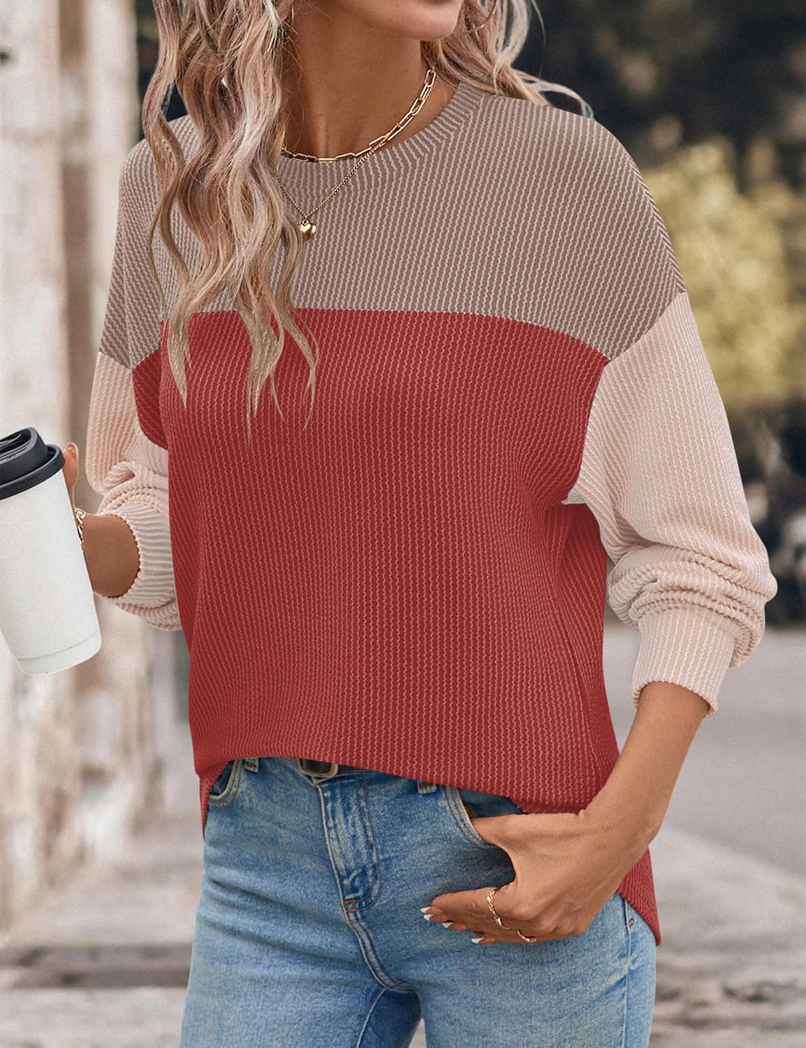 Ivicoer Womens Color Block Pullover Shirts Ribbed Long Sleeve Tops Fall Casual Loose Sweatshirts Fashion - Image 6