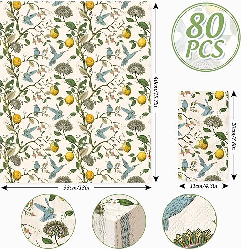 Miniatura 2 de AnyDesign - 80 servilletas de papel desechables con diseño de pájaro azul retro, diseño de árbol de limón, servilletas de papel decorativas de