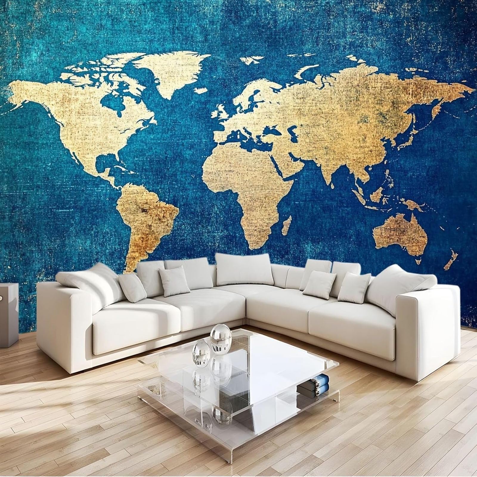 kfjhgbdshhj Photo Wallpaper map Gold wall Decoration Design Pattern Wallpaper wall Decoration Living Room Bedroom Office Hallway, Blue, 200cm x 140cm