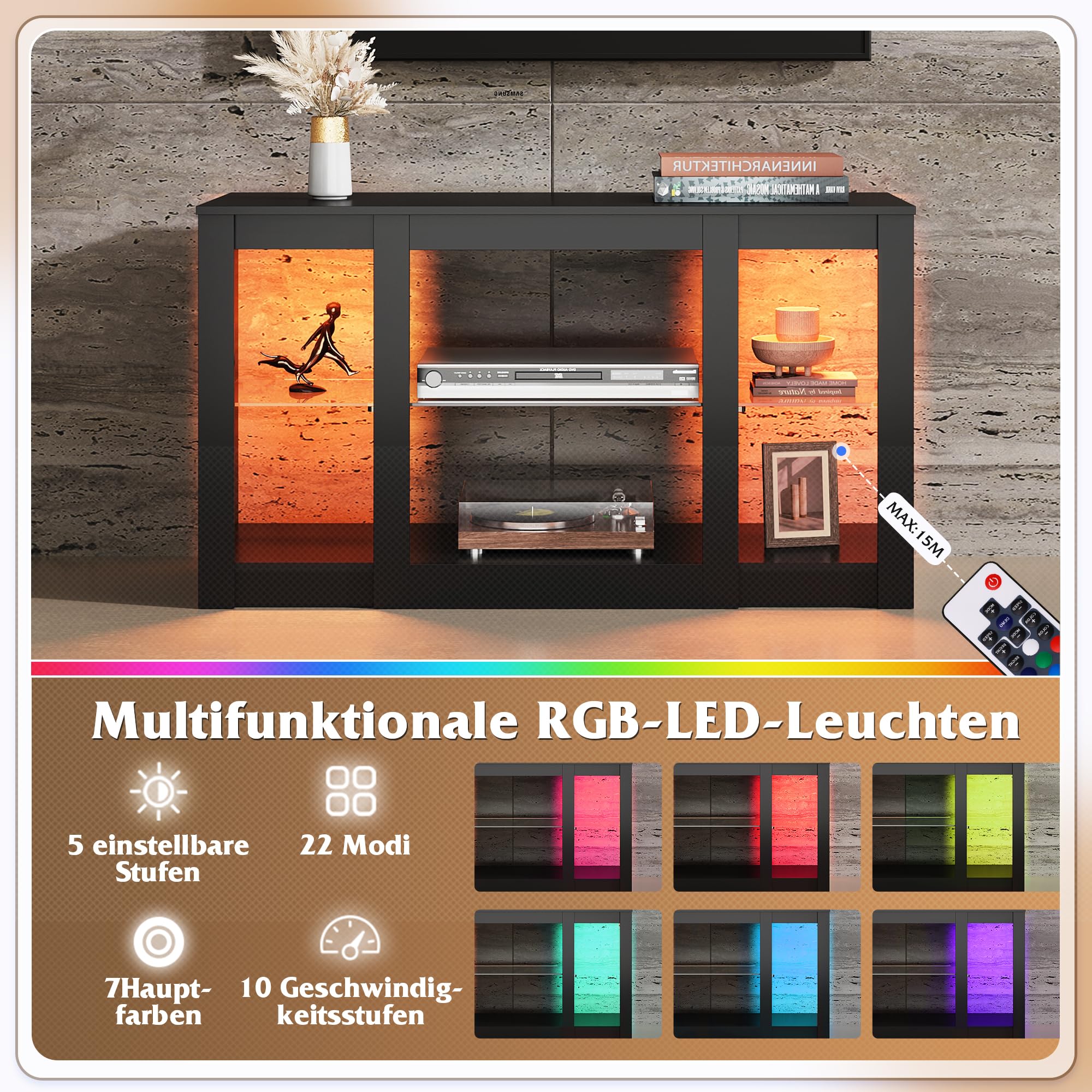 WLIVE TV Schrank, Lowboard Schwarz mit 22 Farben RGB Fernsehschrank, Fernsehtisch Klein mit Verstellbaren Glasböden, Sideboard für Wohnzimmer Schlafzimmer, Schwarz, 100 x 40 x 56 cm