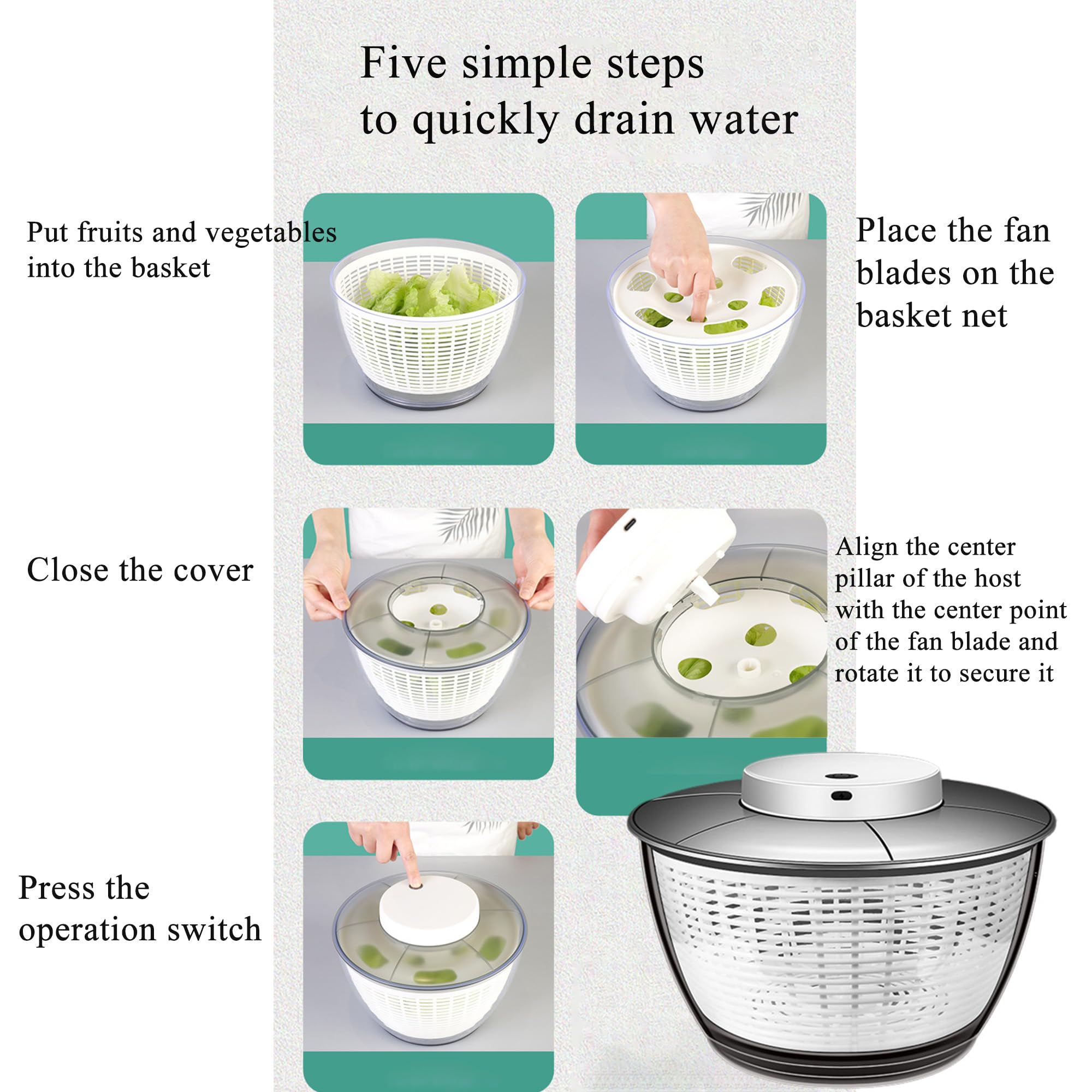 Centrifuga per insalata, Asciugatrice per Verdure, Capacità: 4.5 litri, Trasparente, Asciugare Rapidamente Frutta e Verdura, Lavare Centrifuga, Disidratare e Scolare l'Acqua, Centrifuga Elettrica