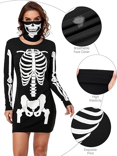 Miniatura 3 de SOMSOC Disfraz de esqueleto para mujer, disfraz de esqueleto que brilla en la oscuridad, vestido de esqueleto con guantes altos, conjunto de