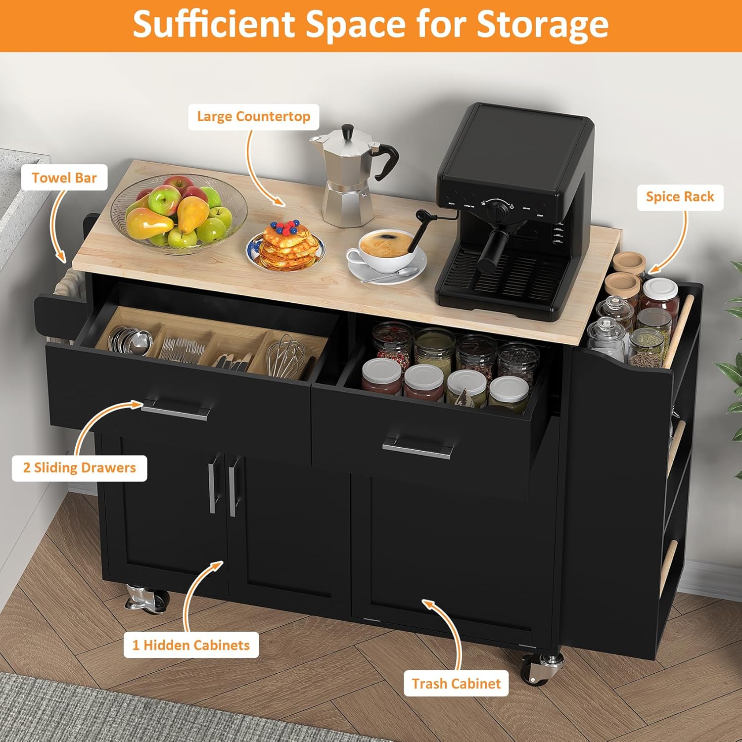 Bigbiglife Kitchen Island with Storage, 50.8" Rolling Kitchen Island Cart with Drop Leaf & Storage - Mobile Kitchen Organizer with Wheels, Rubberwood Top, Trash Can Cabinet & Towel Rack, Black