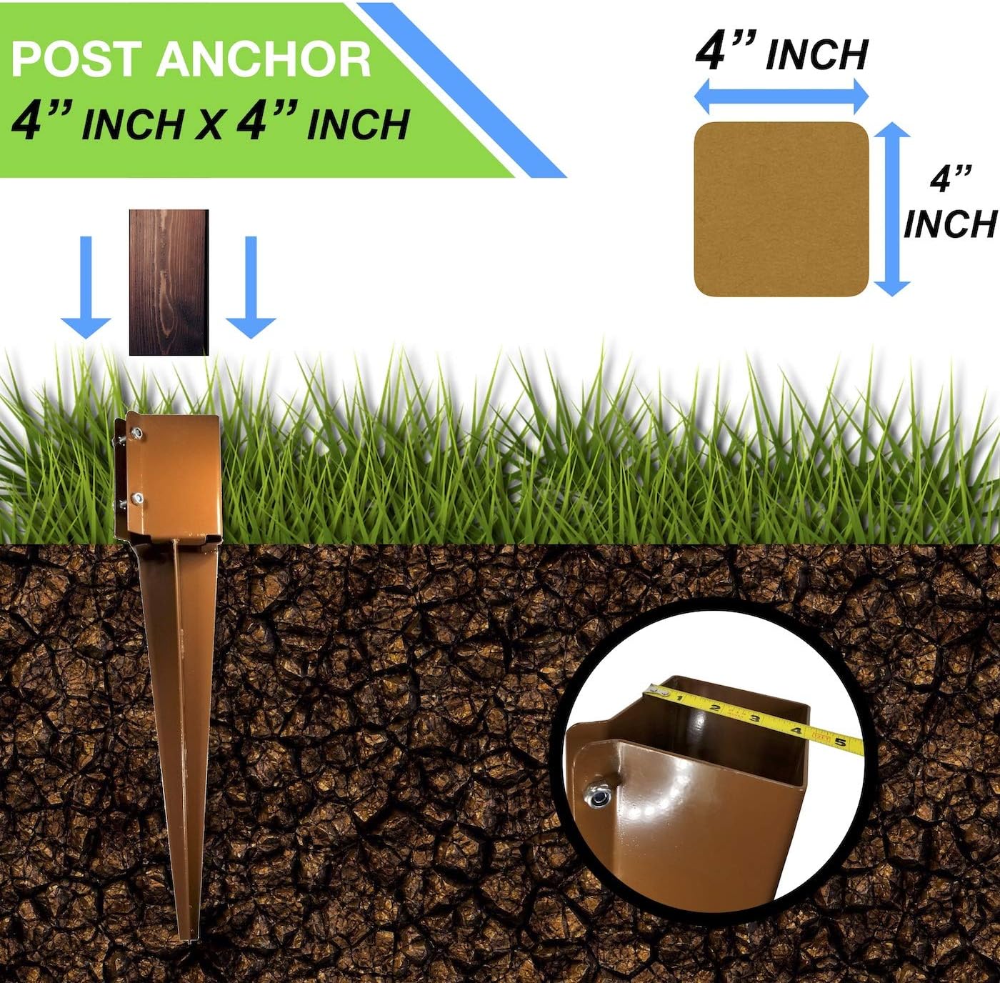 One Stop Outdoor Heavy Duty Fence & Mailbox Post Anchor - Brown Metal Ground Spike Brown Powder Coated 24" in x 4" Inch x 4" Inch (Fits Post 4" x 4" Inches) (Brown)