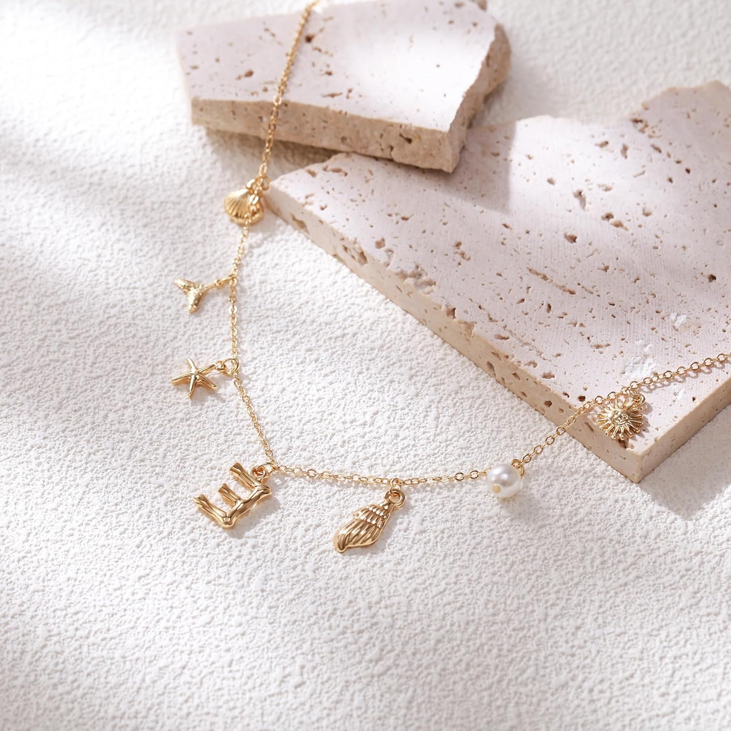 FANZE Initial Necklaces for Women, Personalized Letter Pendant Necklace, Ocean Seashell Starfish Jellyfish Faux Pearl Adjustable Link Chain, Summer Beach Surfer Boho Charms Alphabets Jewelry Gifts - Image 4