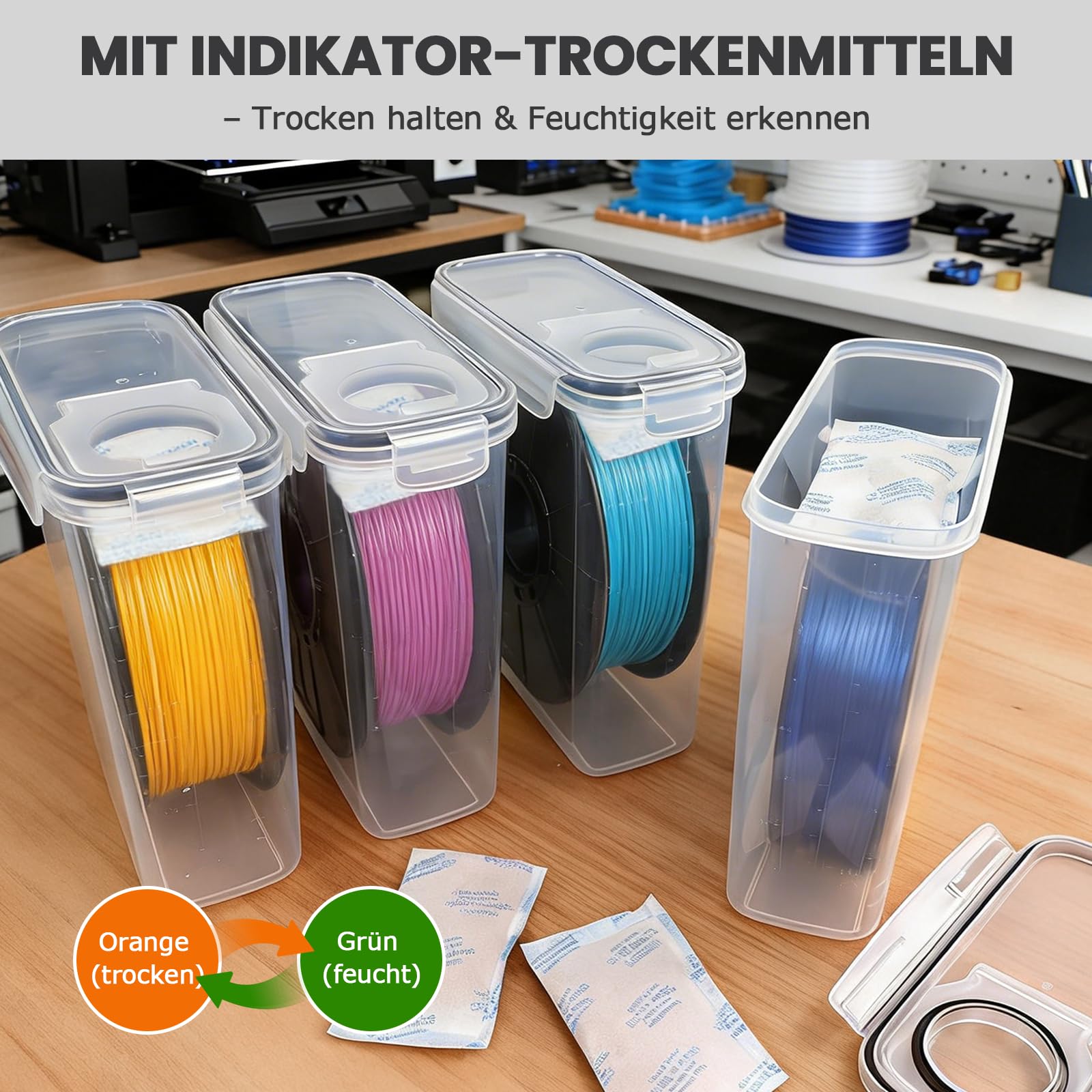 Filament Aufbewahrungsbox, 6 Stück Filament Box für 3D-Druck-Filament Versiegelung und Schutz, Wasser- und Staubdichte Filamentaufbewahrung mit Trockenmittel & Etiketten 4,0L