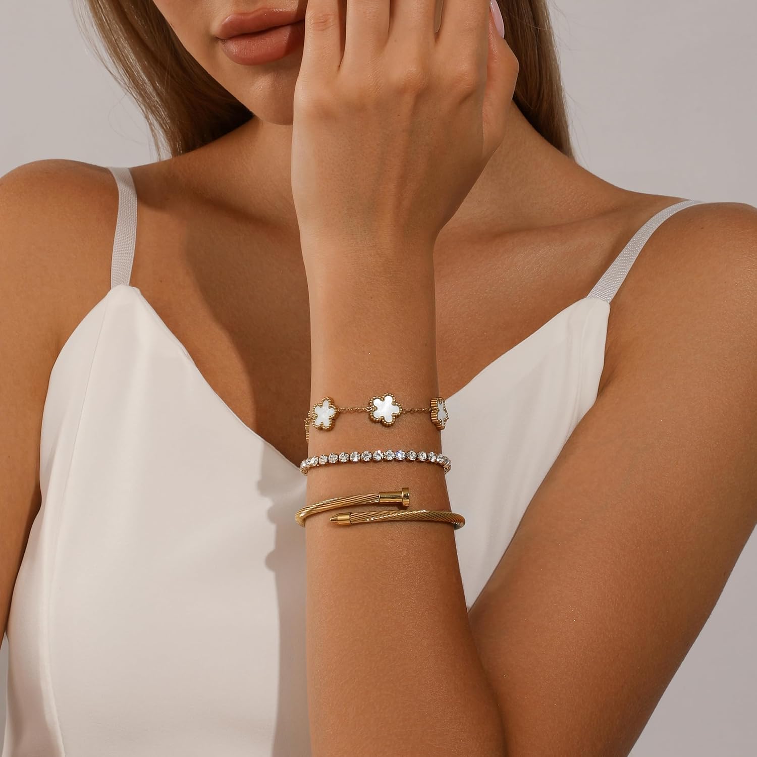 Stackable Four Leaf Clover Bracelets for Women, Tennis Bangle Bracelets Set for Wom... - Image 2