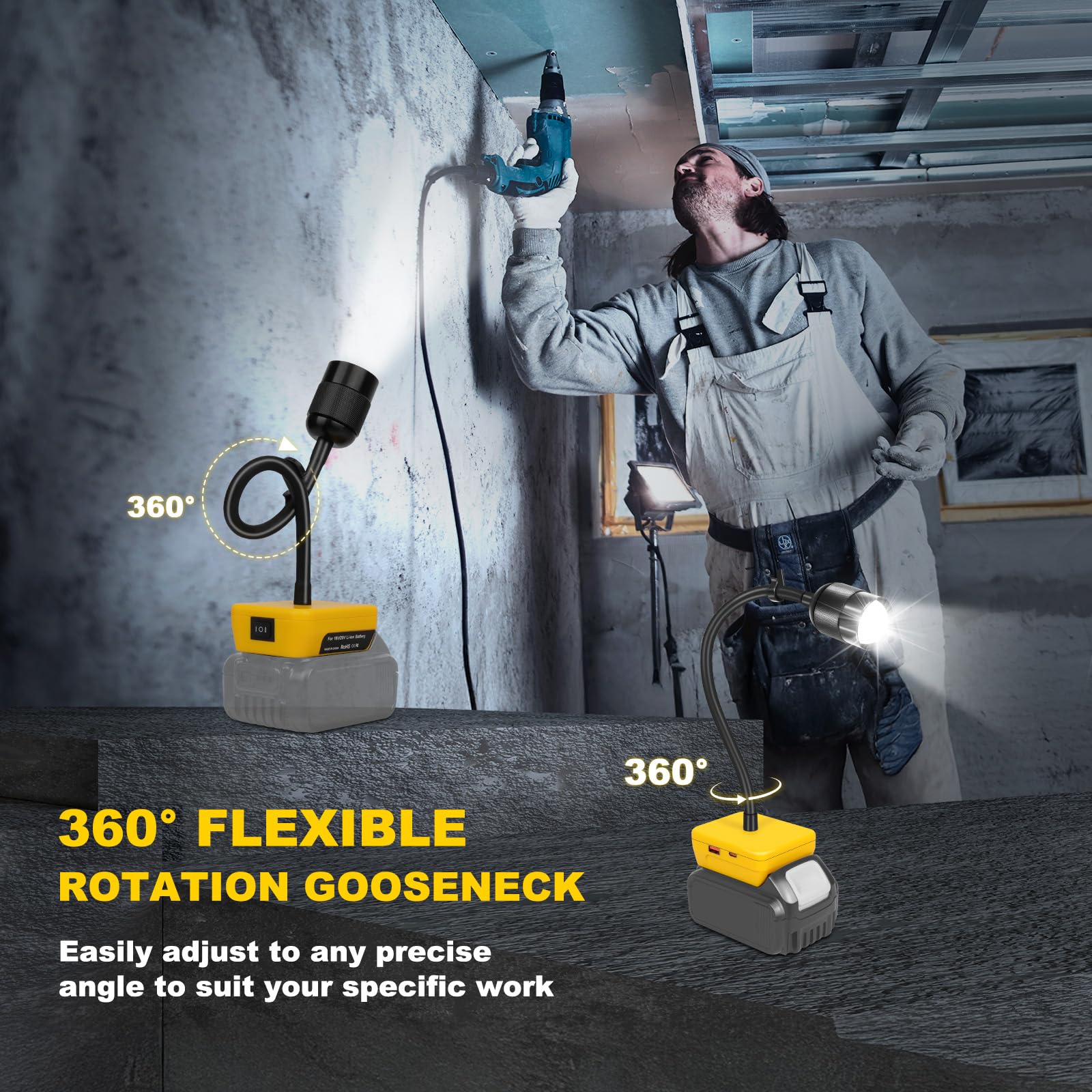 Lampa robocza LED kompatybilna z akumulatorem Dewalt 20 V – 30 W, 3000 lm, lampa warsztatowa LED z ochroną przed niskim napięciem – przenośne oświetlenie narzędziowe z przyłączem USB / do