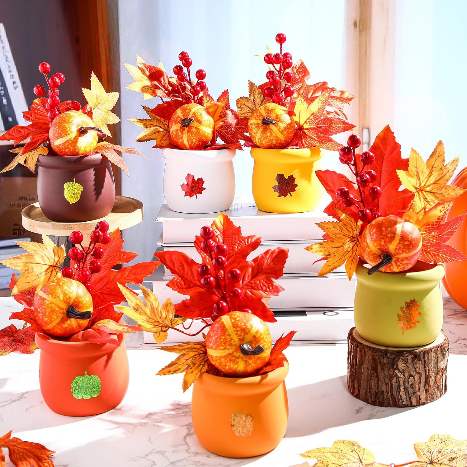 Nuogo 6 Pack Fall Centerpieces for Tables, Fall Terracotta Potted Table Decor with 6 Pumpkins Maple Leaf Berries Flowers Branches, 1 Sticker Autumn Mason Jars Decorations for Home Thanksgiving Party