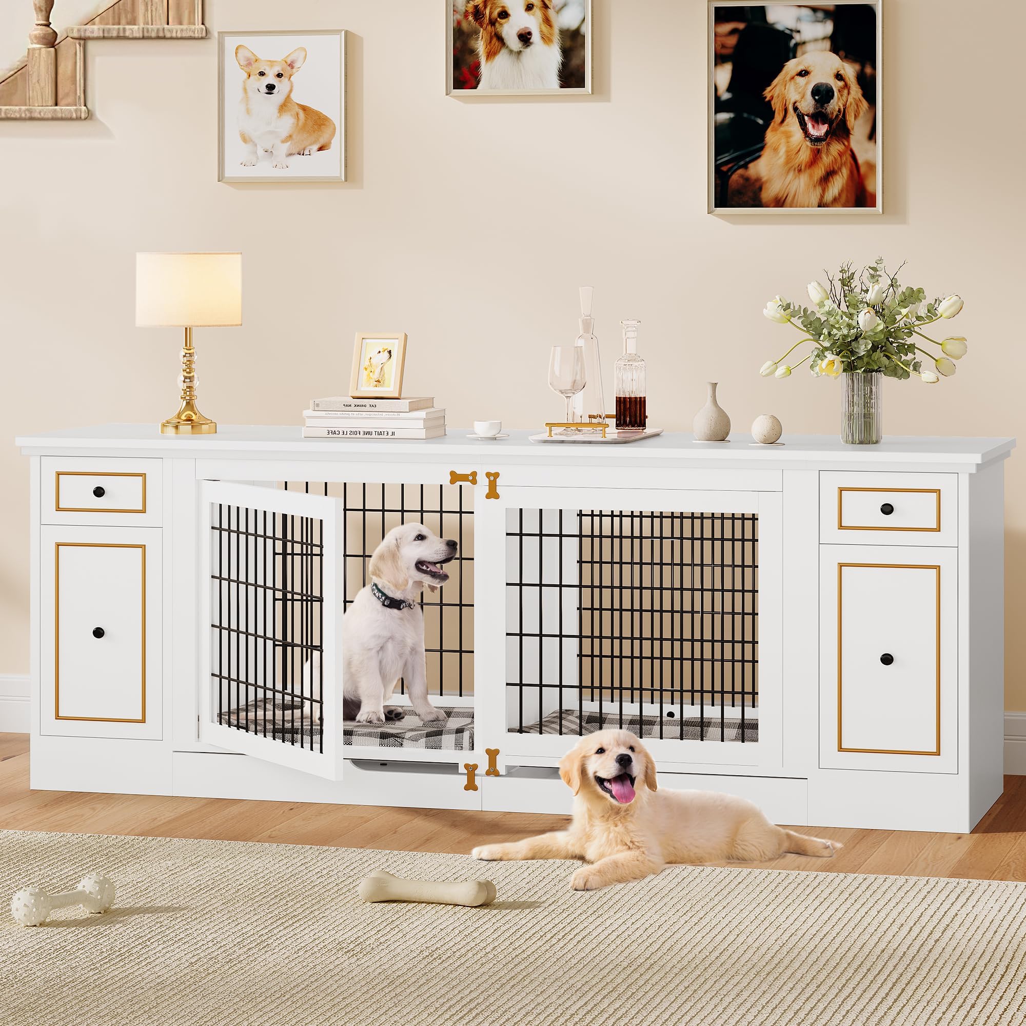 YITAHOME Double Dog Crate Furniture 94.5 inch with Feeder