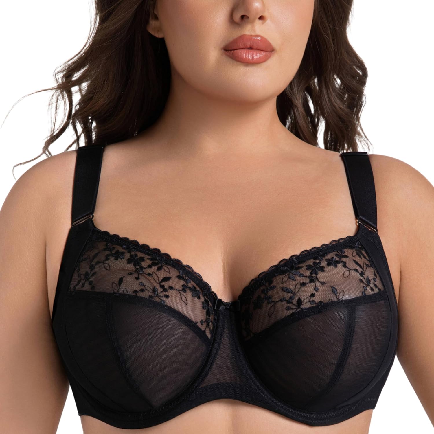 Women's Plus Size Bra Solid Color Embroidered Full Coverage Underwire Unlined Adjustable Straps Bras
