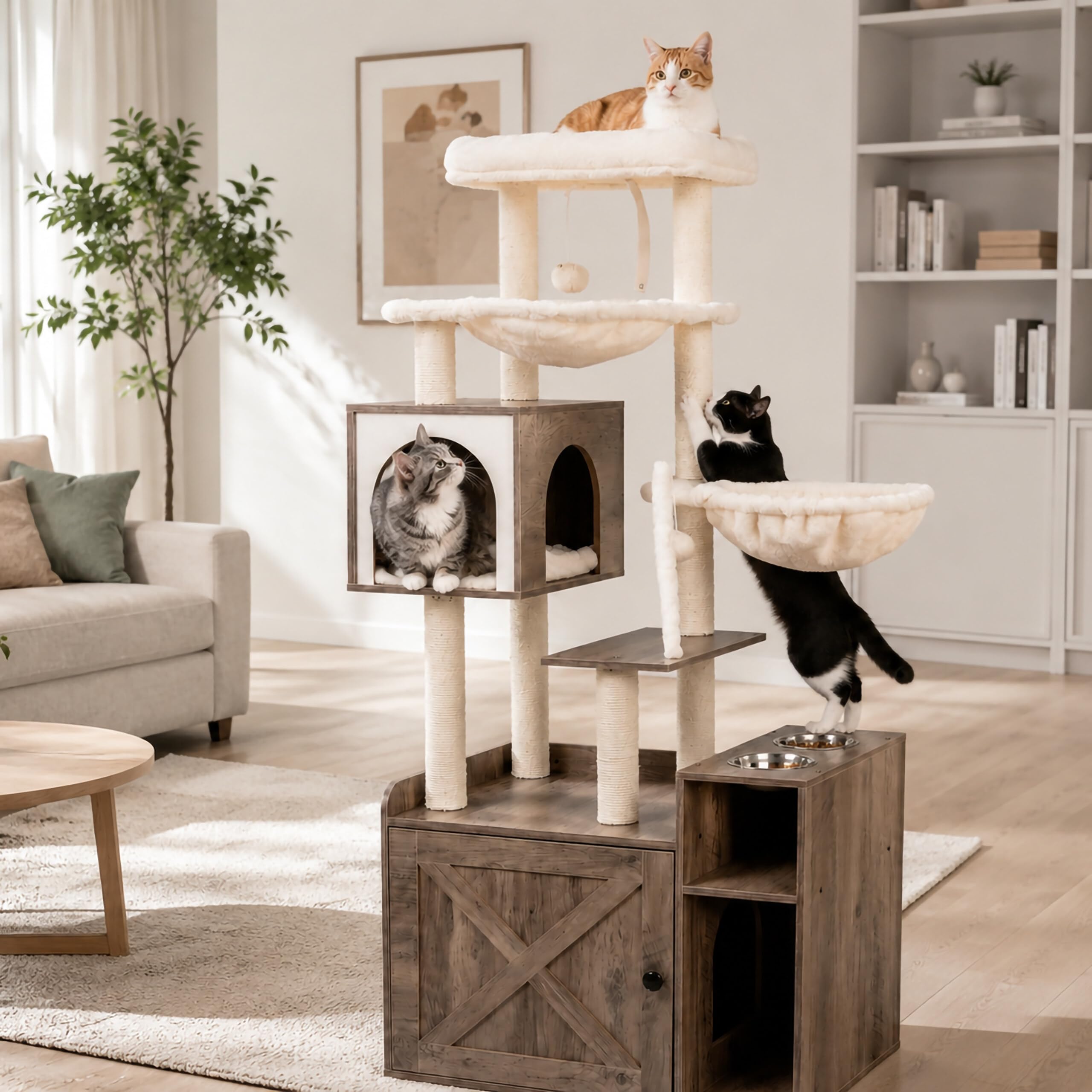 Relaxdays rascador, Mueble arenero y comedero, 144x71x45,5 cm, marrón Claro | postes de sisal, cesta, efecto madera