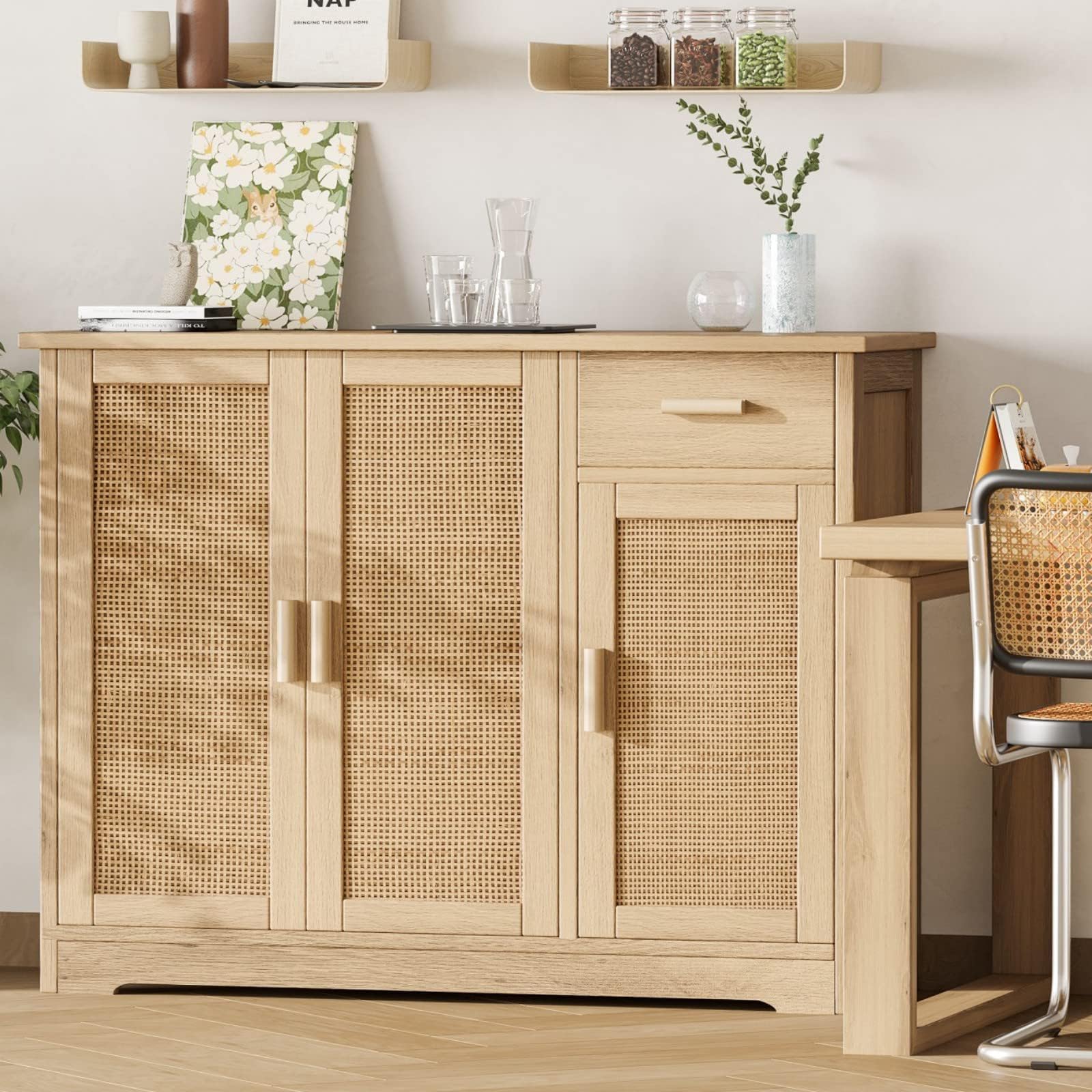 Rattan Cabinet with Doors, Boho Buffet Cabinet with Storage & Adjustable Shelves, Kitchen Storage Cabinet with Drawer, Buffet Sideboard, Buffet Table for Living Room, Entryway, Natural