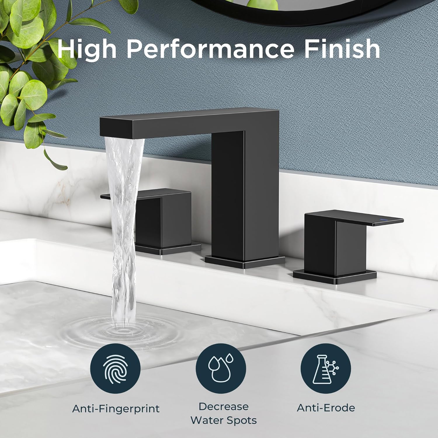 FORIOUS Waterfall Black Bathroom Faucet 3 Hole, 8 Inch Widespread Matte Black Waterfall Faucet for Bathroom Sink 3 Hole with Metal Pop-Up Drain and Supply Lines for Restroom, Lavatory, Vanity