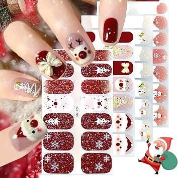 4 Sheets Christmas Gel Nail Stickers Snowflakes Gel Nail Polish Strips Xmas Elk Glitter Self-Adhesive Design Cute Winter Stickers Reindeer Full Wrap Gel Nail Strips Stickers for Acrylic Manicure DIY