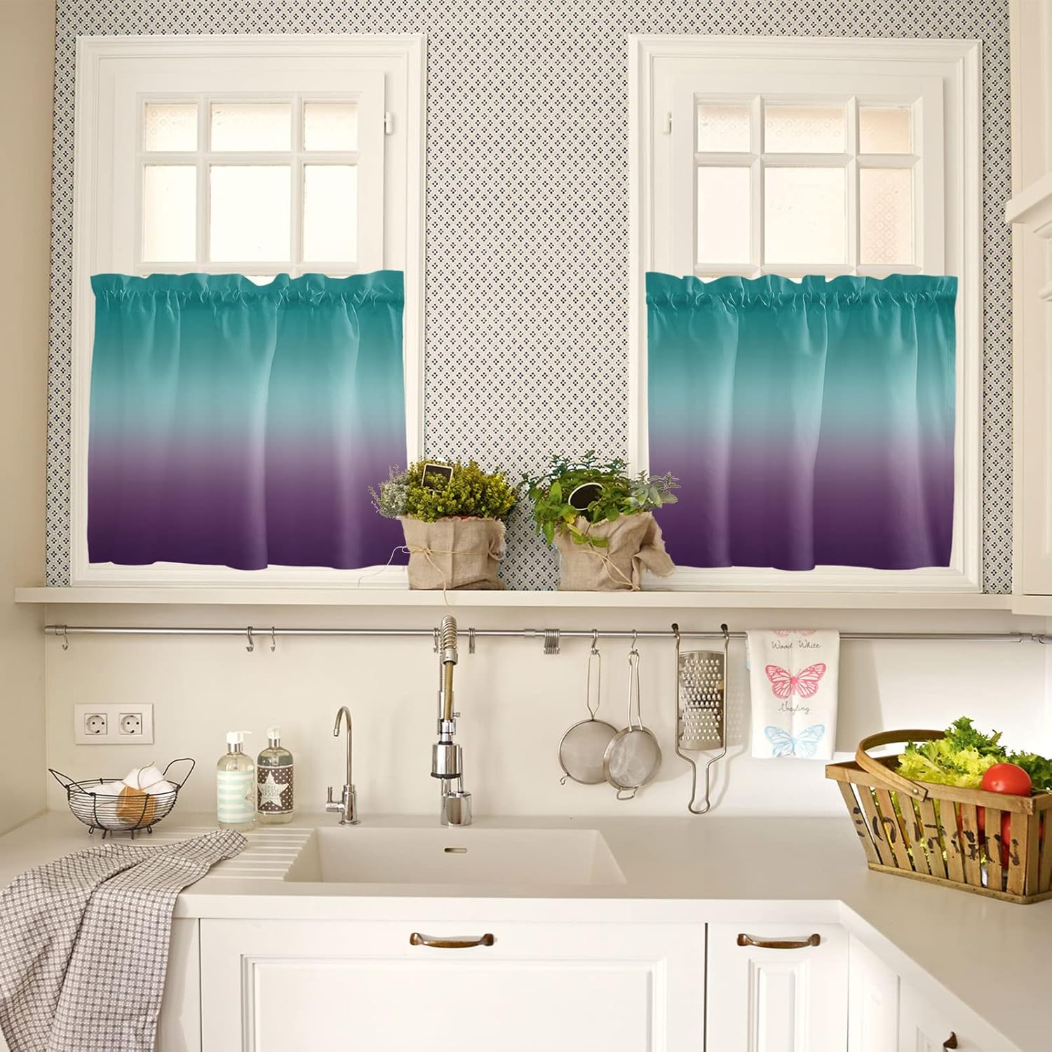 3 Pieces Kitchen Curtains & Valances Set Ombre Textured Turquoise Purple Window Treatment Tiers Vanlance Rod Pocket Curtain Drapery for Living Room Kitchen Bathroom, Soft&Washable, Lavender Teal