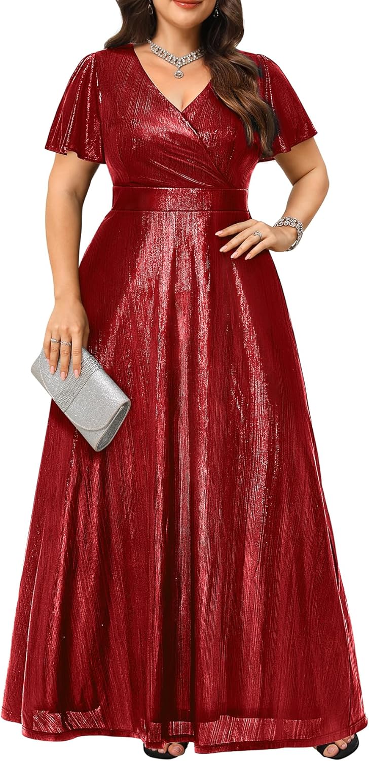 Pinup Fashion Plus Size Formal Gowns and Evening Dresses - Luxury Metallic Prom Gala Holiday Christmas Floor Length Dress