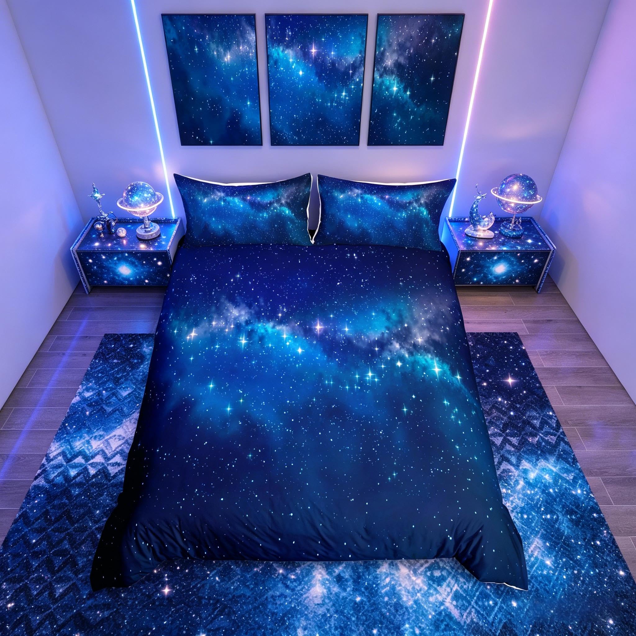 Loussiesd Galaxy Themed Duvet Cover Kids Boys Girls Nebula Outer Space Comforter Cover, Interstellar Stars Pattern Blue Microfiber Gorgeous Bedding Set 3 Pieces Quilt Cover Super King,Zipper&Ties — image 1