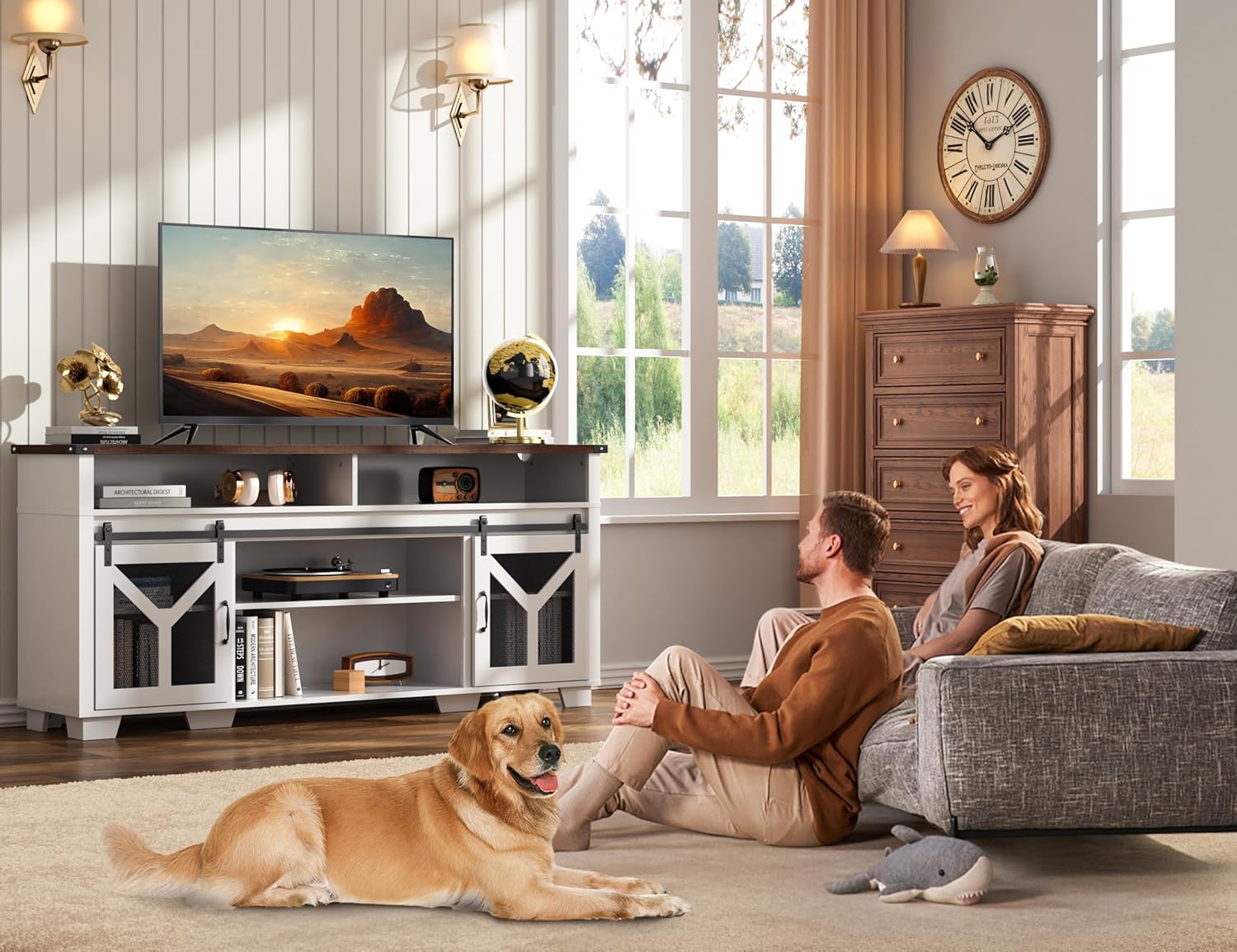 Farmhouse TV Stand for 55 65 75 Inch TVs, Entertainment Center with LED Light, Storage Cabinets, Sliding Barn Doors and Adjustable Shelf, Media TV Console TV Stand Table for Living Room (White)