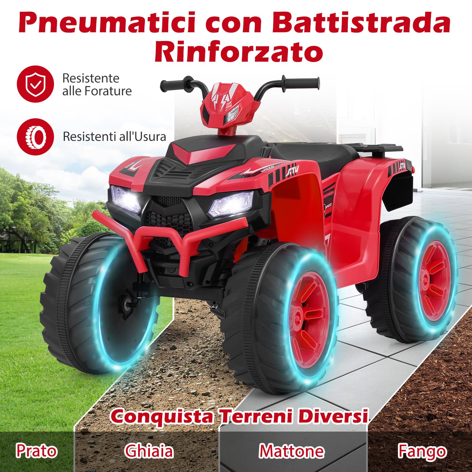 COSTWAY 24V Quad Elettrico per Bambini, Macchina Elettrica Cavalcabile con Musica Radio Luci a LED, Avvio Lento, Velocità Fino a 5km/h, per Bambini 3-8 Anni (Rosso)