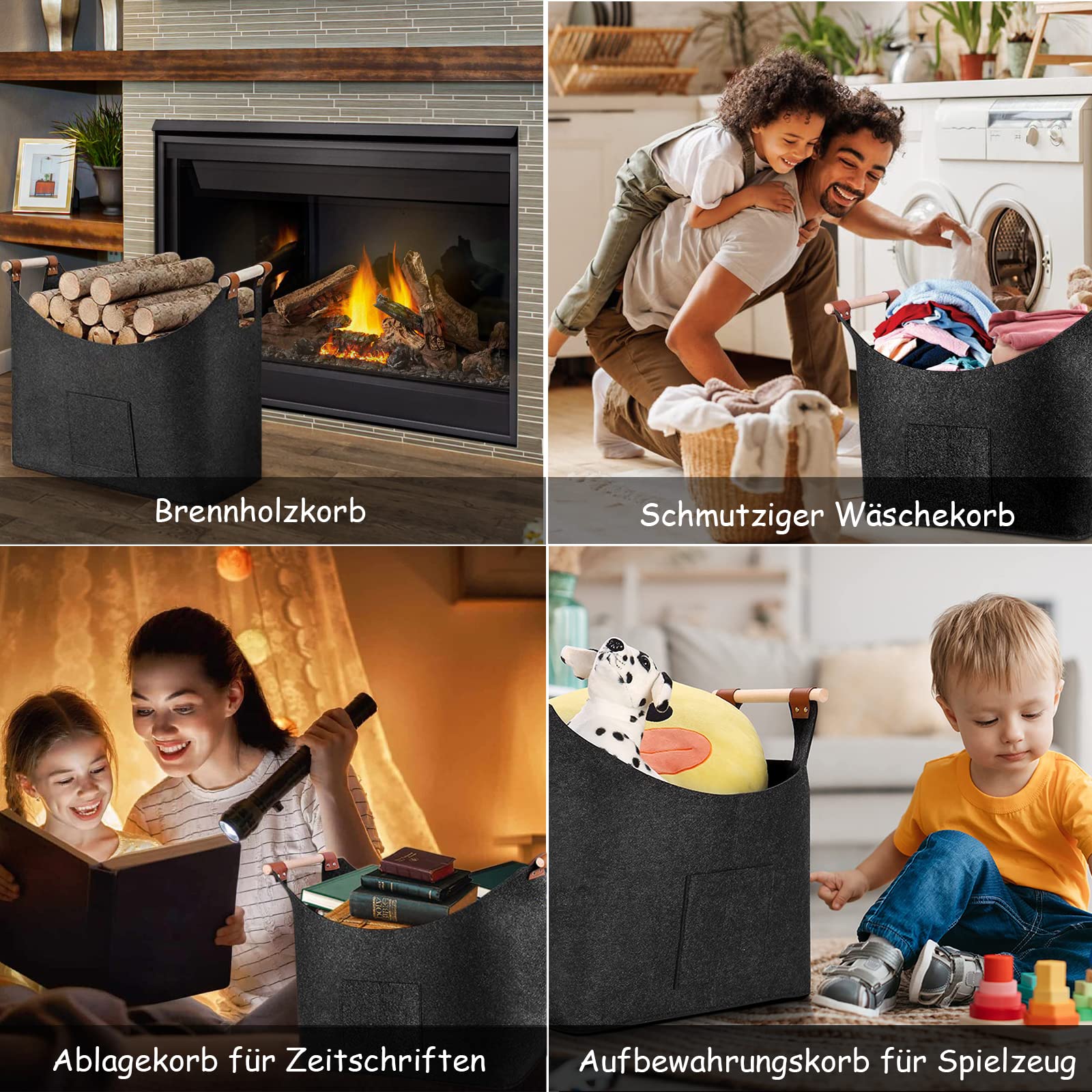 Cesta de Leña, XXL Cesta de Fieltro para Leña de Chimenea Extra Grueso y Asa Reforzada, Bolsa de Almacenamiento Plegable para Guardar Periódicos, Ropa, Juguetes y Accesorios para la Chimenea