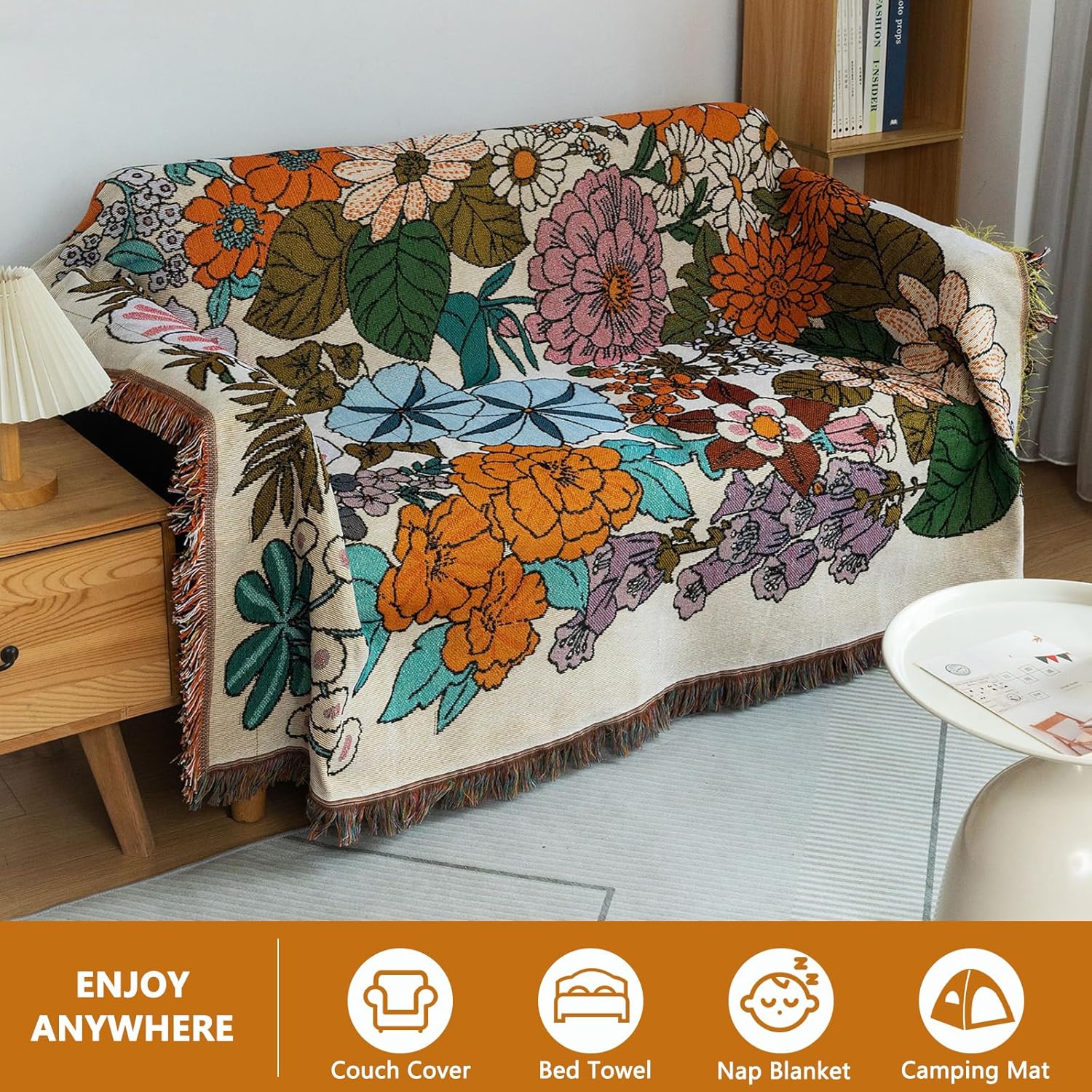 DREAMINGO Floral Couch Cover Blanket Botanical Farmhouse Throw Covers for Sofa Couch Loveseat Cover for 2 Cushion Couch Vintage Style Sofa Cover Blanket Washable Living Room Sofa Decor, 71"x118"