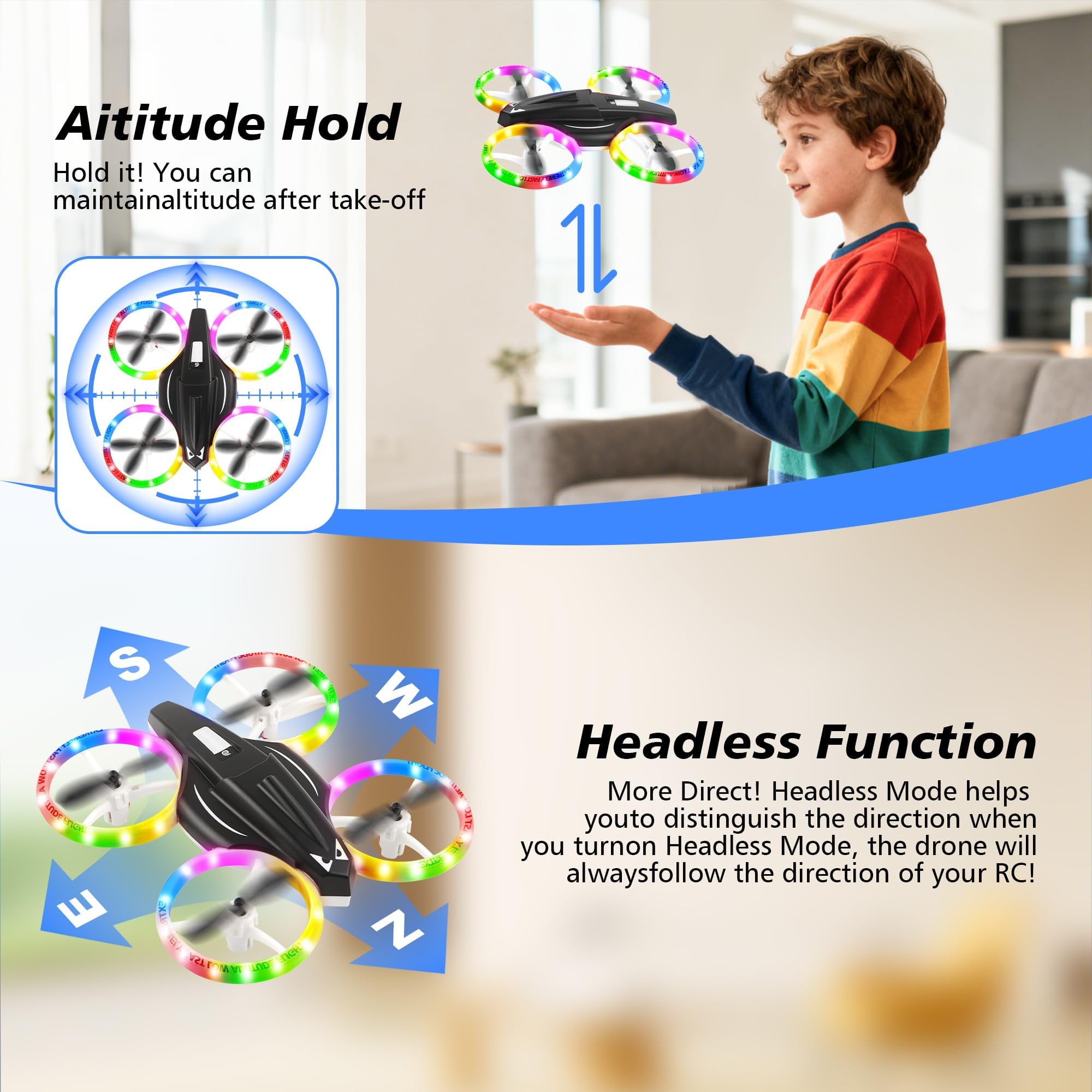 Mini-Drohne für Kinder, ferngesteuertes Spielzeugflugzeug für Kinder und Anfänger mit LED-Lichtern, ferngesteuerte Drohne mit 360°-Drehung, 2 Akkus