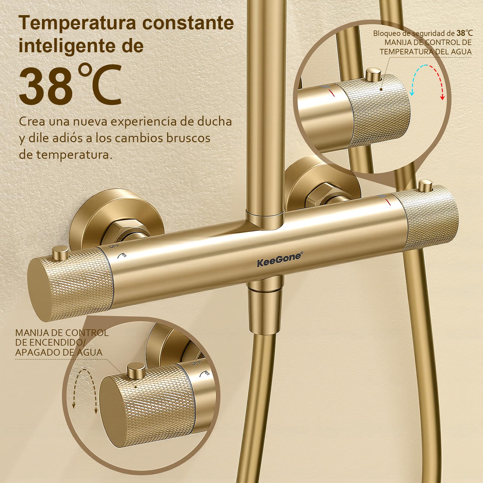 Sistema de ducha completo con termostato para rociador de lluvia de 25 cm y teleducha de 3 chorros Termostato con mando giratorio antideslizante y protección antiescaldaduras