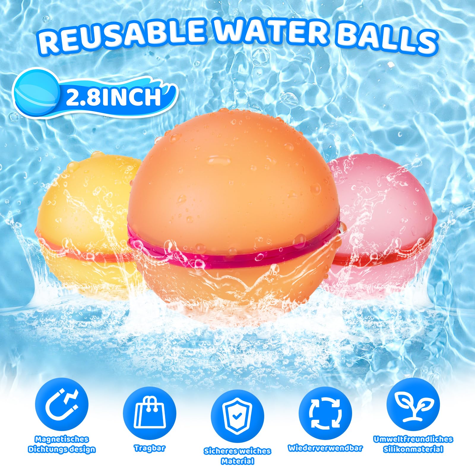 12 Stück Wasserbomben Wiederverwendbar, Selbstschließende Silikon Wasserbomben mit Mesh Tasche, Wasserbombens Set, Geeignet für Kinder, Erwachsene, Strand, Poolparty