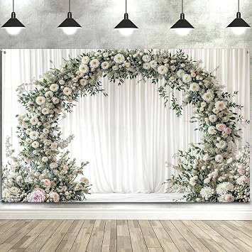 7X5FT White Rose Leaves Theme Backdrop, Bridal Shower Wedding Flowers Photo Background Baby Girl Birthday Party Decorations Banner, Polyester Banner Portrait Photo Props