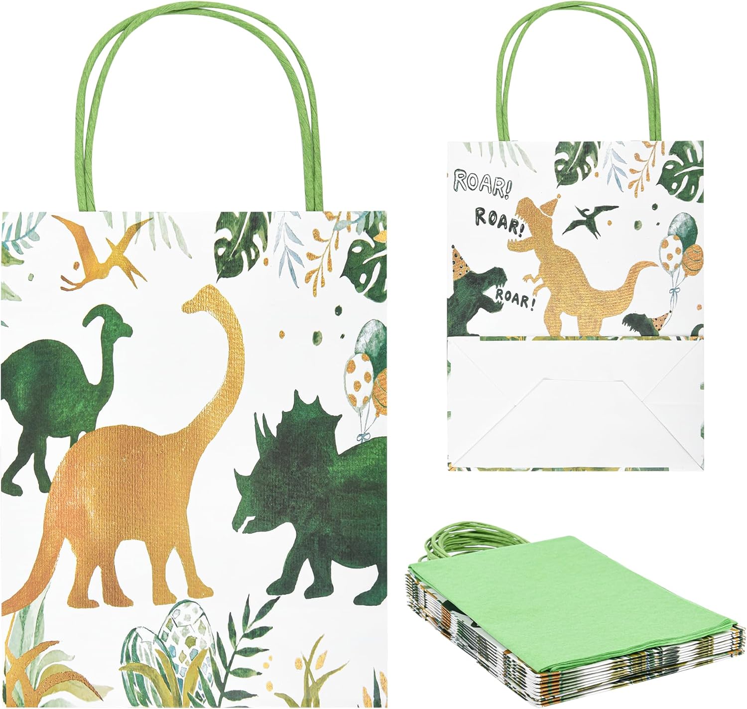 DjinnGlory 36 Pack Medium T-Rex Dinosaur Dino Themed Gift Bags with Handles and Green Tissue Paper for Boys Girls Kids Birthday Party Favors Goodies Treats,10x8x4 Inch (2 Assorted Designs) - Image 8