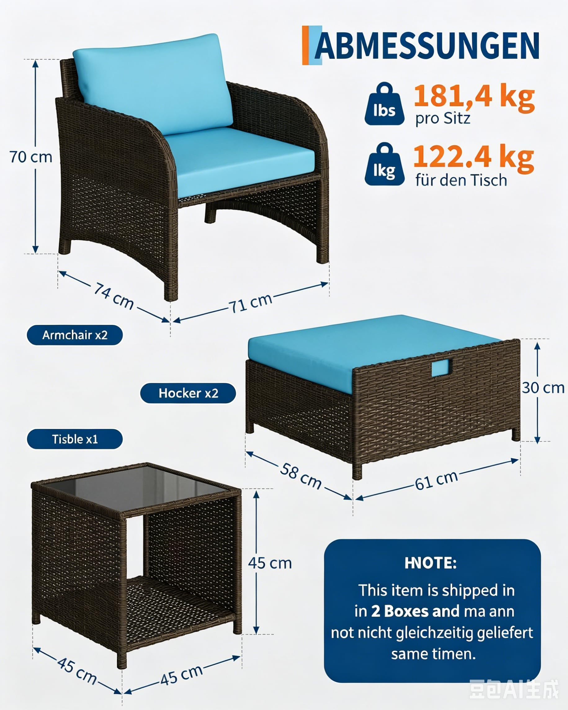 5-TLG Rattan Gartenmöbel Set, Balkonmöbel mit 2 Gepolsterte Sessel & 2 Hocker & 2-stöckiger Kaffeetisch, Wetterfeste Terrassenmöbel mit Sitzkissen für Garten, Terrasse, Indoor Balkon, Beige