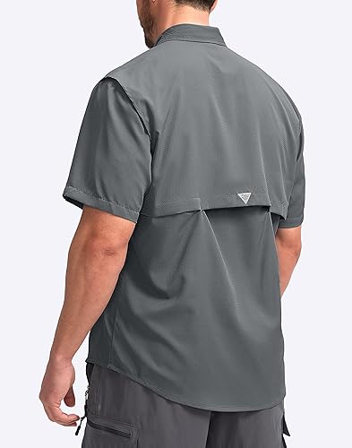 Miniatura 3 de Camisas de pesca Pudolla para hombre, de manga corta, para viajes de verano y trabajo, con botones, UPF50+ y bolsillos con cremallera
