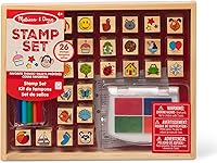 Melissa & Doug Favorite Things Wooden Stamp Set - 26 Kid-Safe Stamps, 4-Color Washable Ink Pad, Colored Pencils for Creative Play