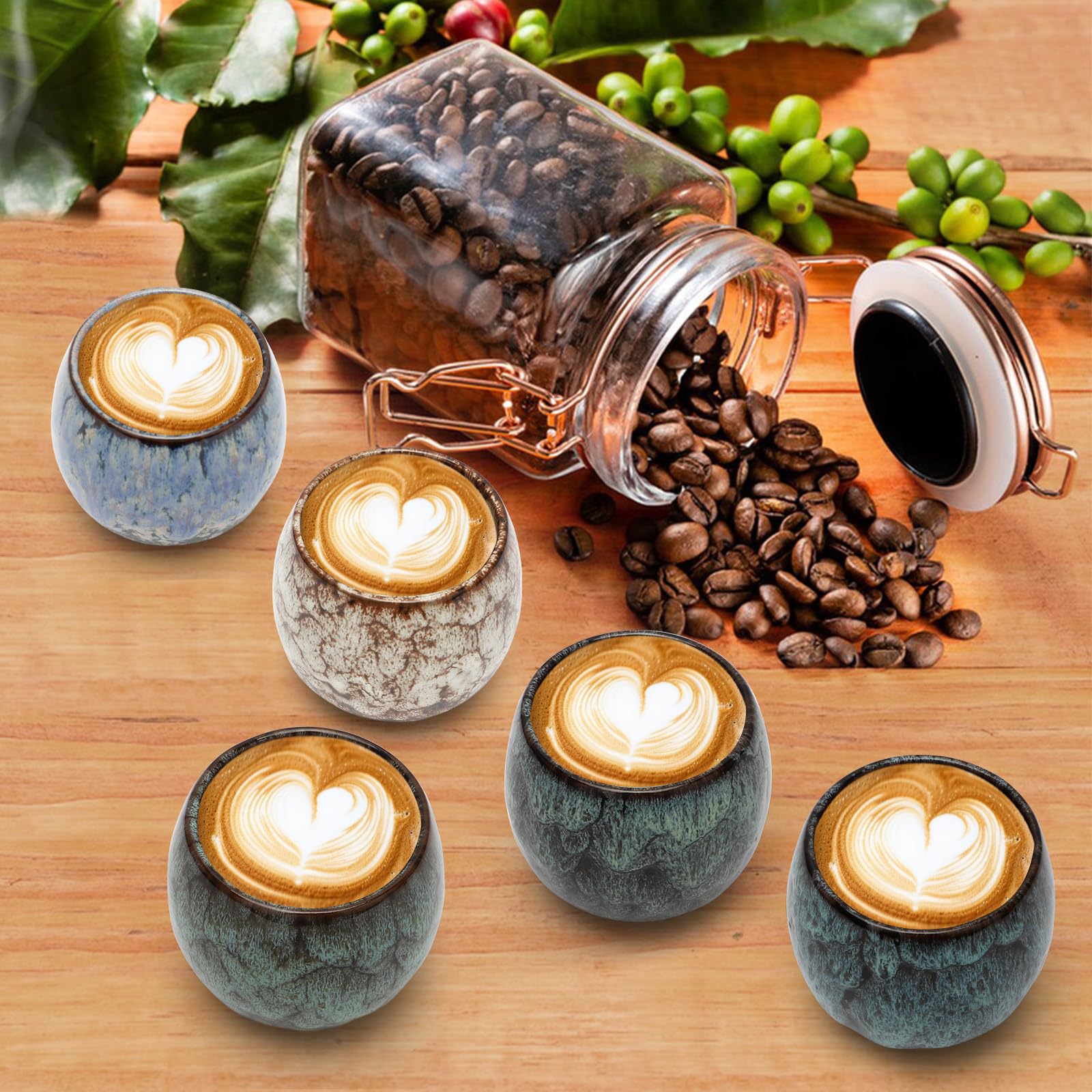Set di tazze da caffè, 5 pezzi, 110 ml, mini tazze da caffè senza manico, in ceramica, piccole tazze da caffè, mini espresso, regalo di compleanno per donne e uomini