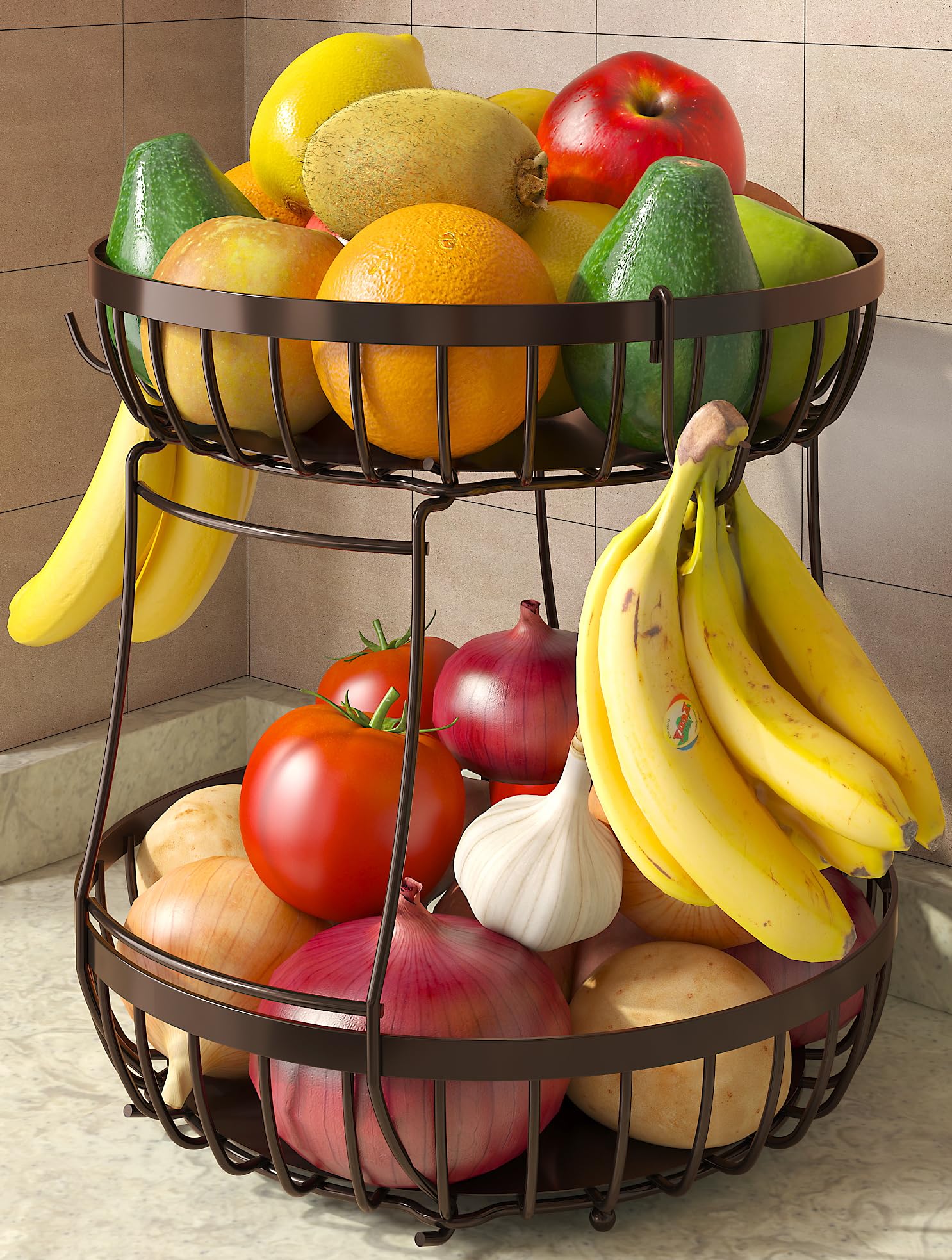 Tiered Fruit Bowl with 2 Banana Hangers for Kitchen, Brown, Extra Large
