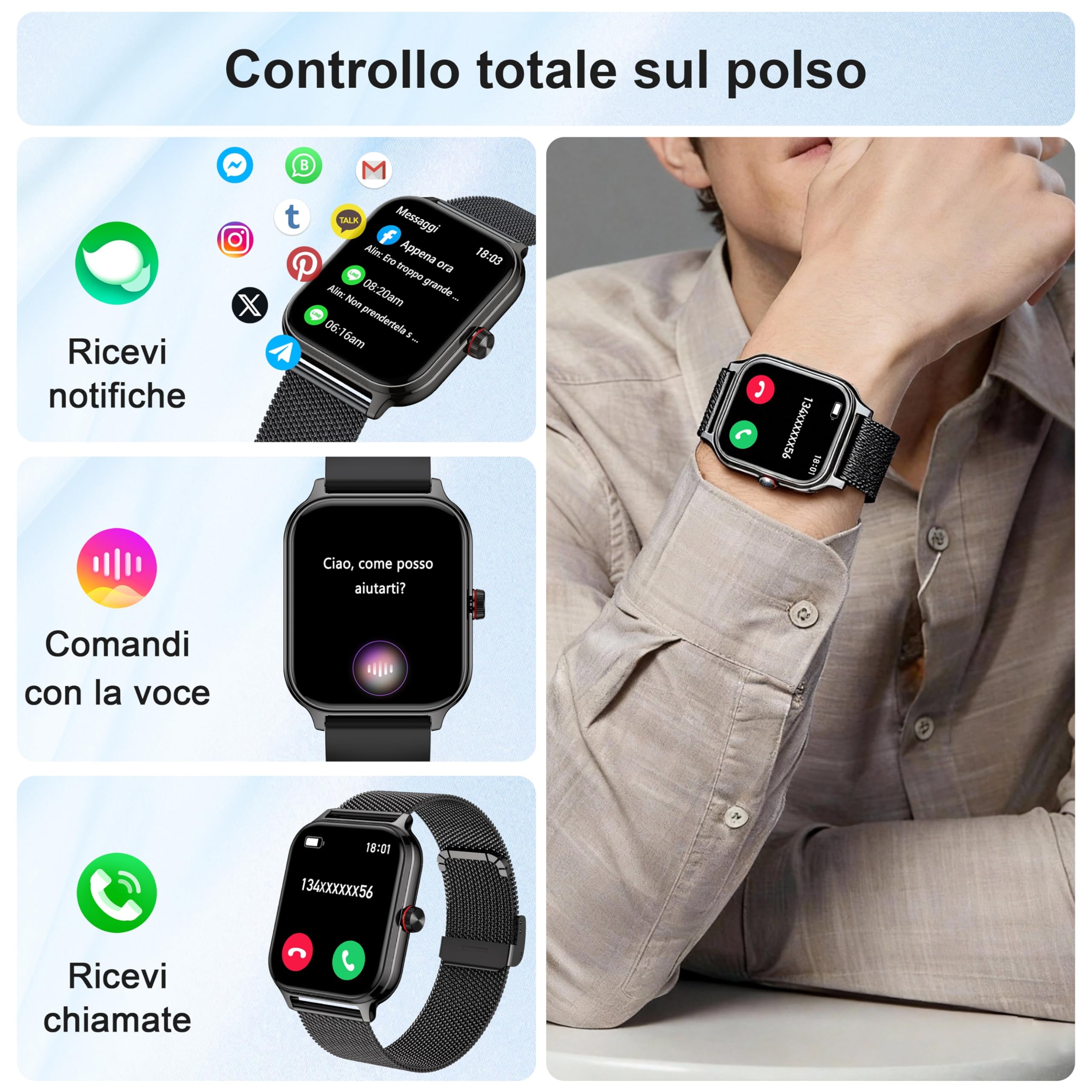 LODIMEKE Smartwatch Uomo Donna Chiamate Pressione Sanguigna Frequenza Cardiaca Sonno, 1.96'' AI Orologio 100+ modalità Sportive, IP67 Impermeabile Contapassi Sveglia Calcolatrice iOS Android