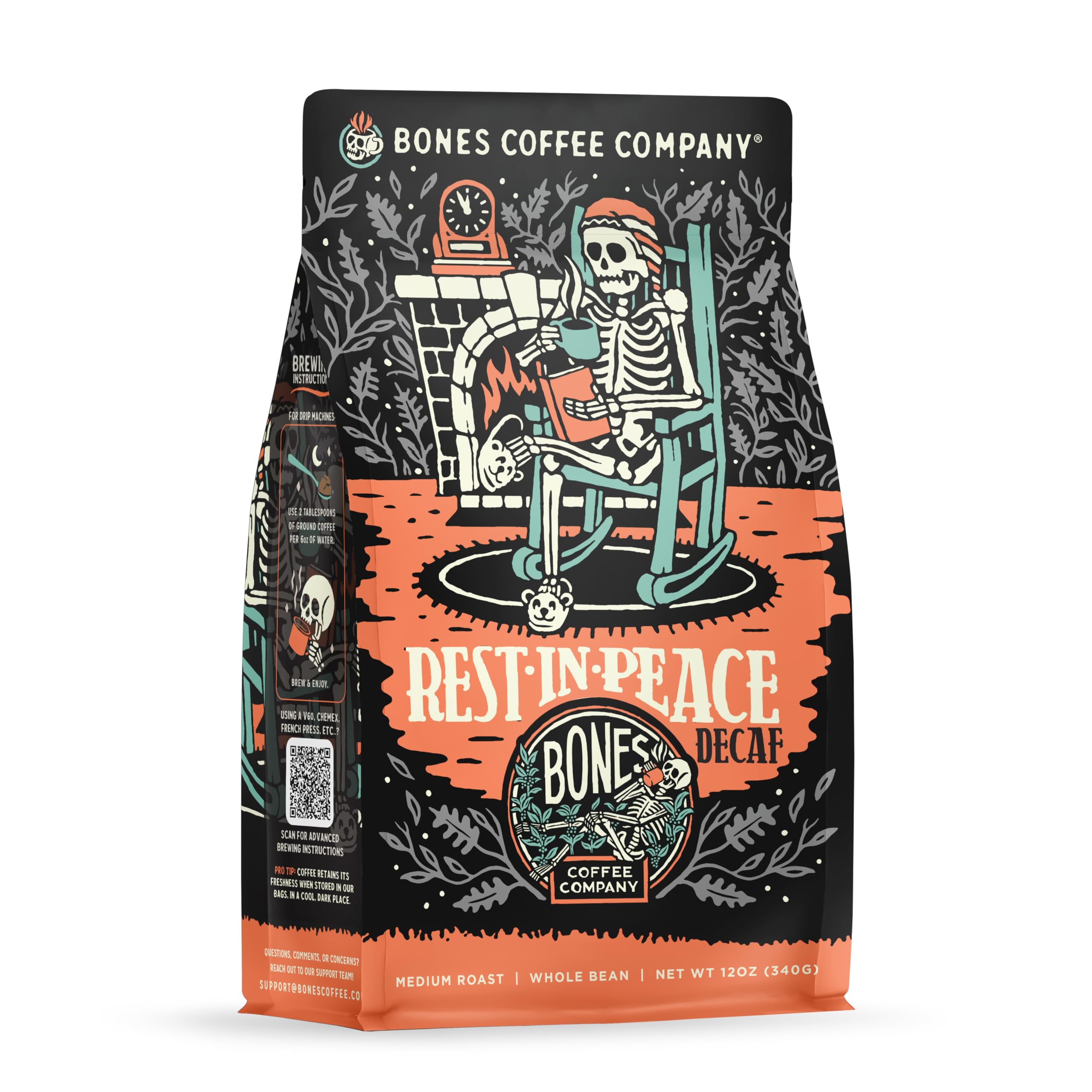 Bones Coffee Company Rest in Peace Decaffeinated Flavored Coffee, Medium Roast Low Acid Arabica Beans Compatible with Auto drip and French Press