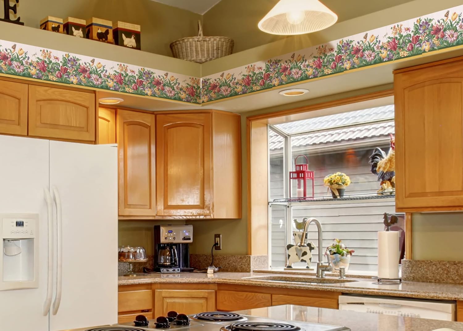 CONCORD WALLCOVERINGS ™ Pretty Floral Theme Wallpaper Border Featuring Garden Flowers Leaves Butterfly, Colors Red Cream Green Yellow Lavender Pink Purple, Size 8.375 inches by 15 feet KR75125B
