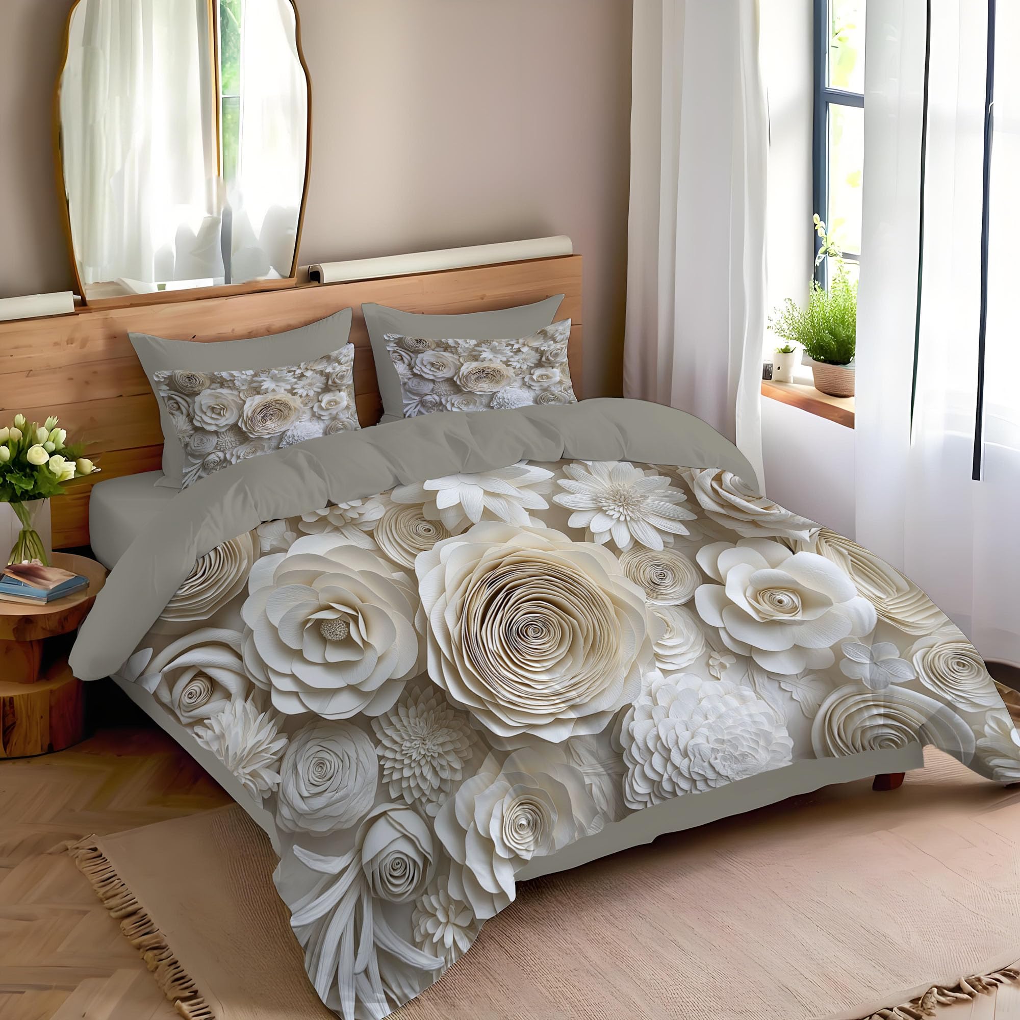 Parure de lit 220x240cm fleurs crème en microfibre premium