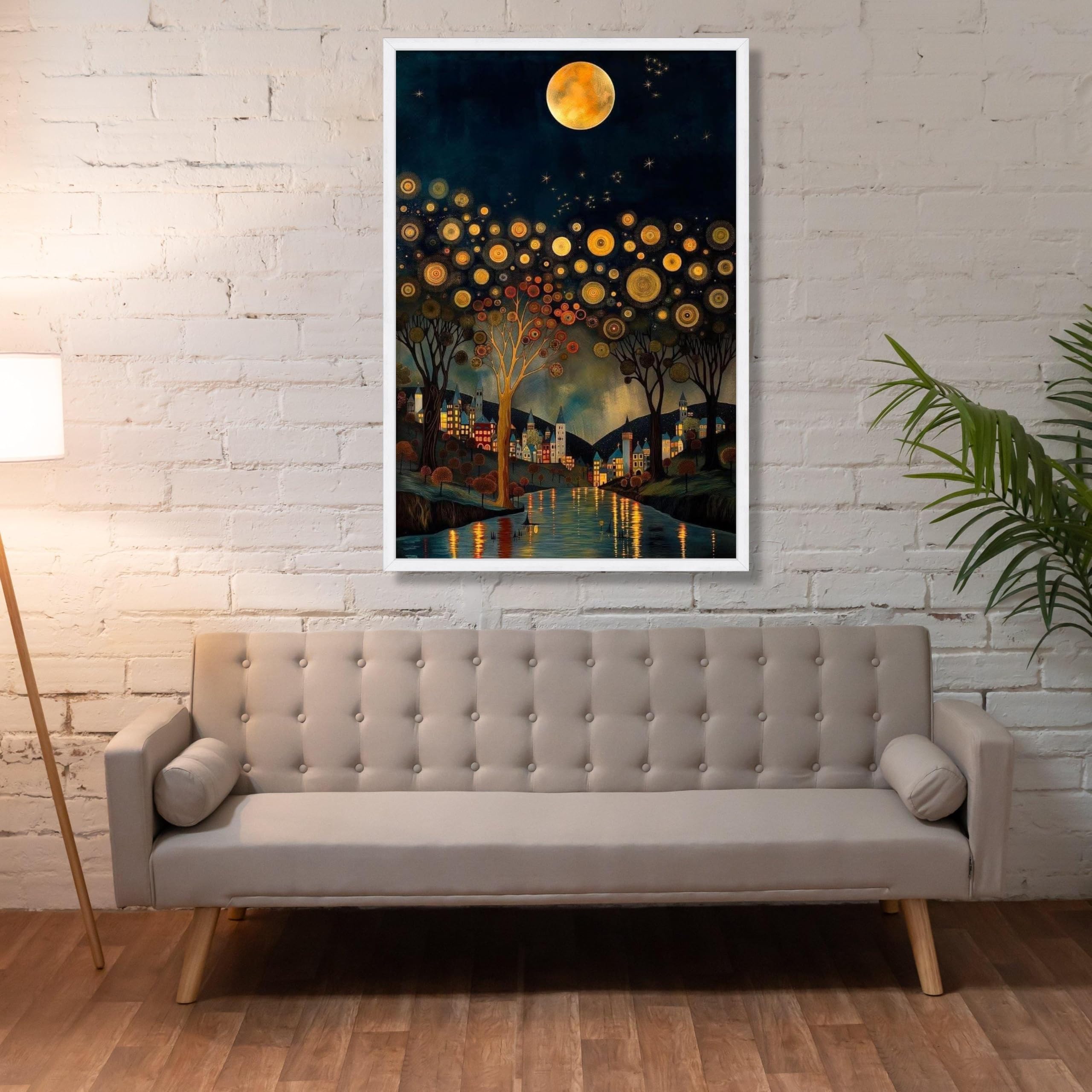 XINBAO Nocne niebo w stylu vintage, oświecony księżyc scena wioska artystyczna sylwetka drzewa odbicie rzeki obrazy dekoracyjne na ścianę (80 x 110 cm / wewnętrzna rama)
