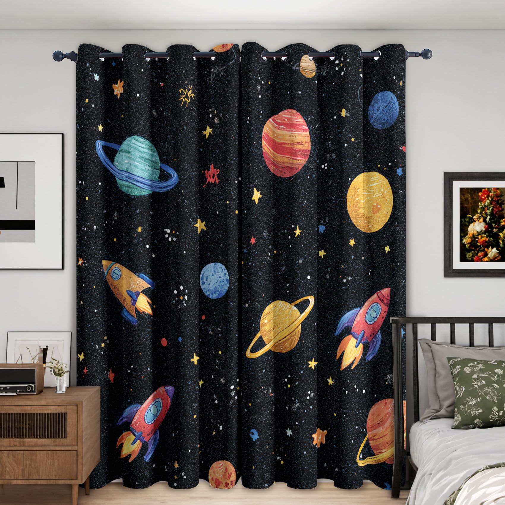 Space Rocket Blackout Curtains, 54 Drop, Kids Universe Planet Printed Curtains for Living Room, Bedroom, Eyelet Drapes for Window Home Decor, 66x54 Inch 2 Panels Rc3002