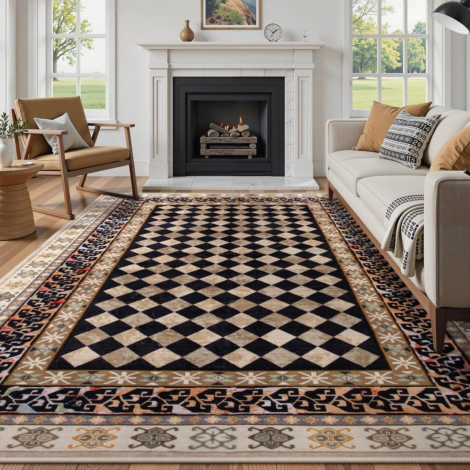 Wonnitar Checkered 6x9 Area Rugs for Living Room, Washable Non Slip Black Trellis Rugs for Bedroom, Low Pile Soft Stain Resistant Funky Floor Carpet for Bedroom Dorm Home Decor (Black,6x9) 6' x 9' (Rectangular) Black