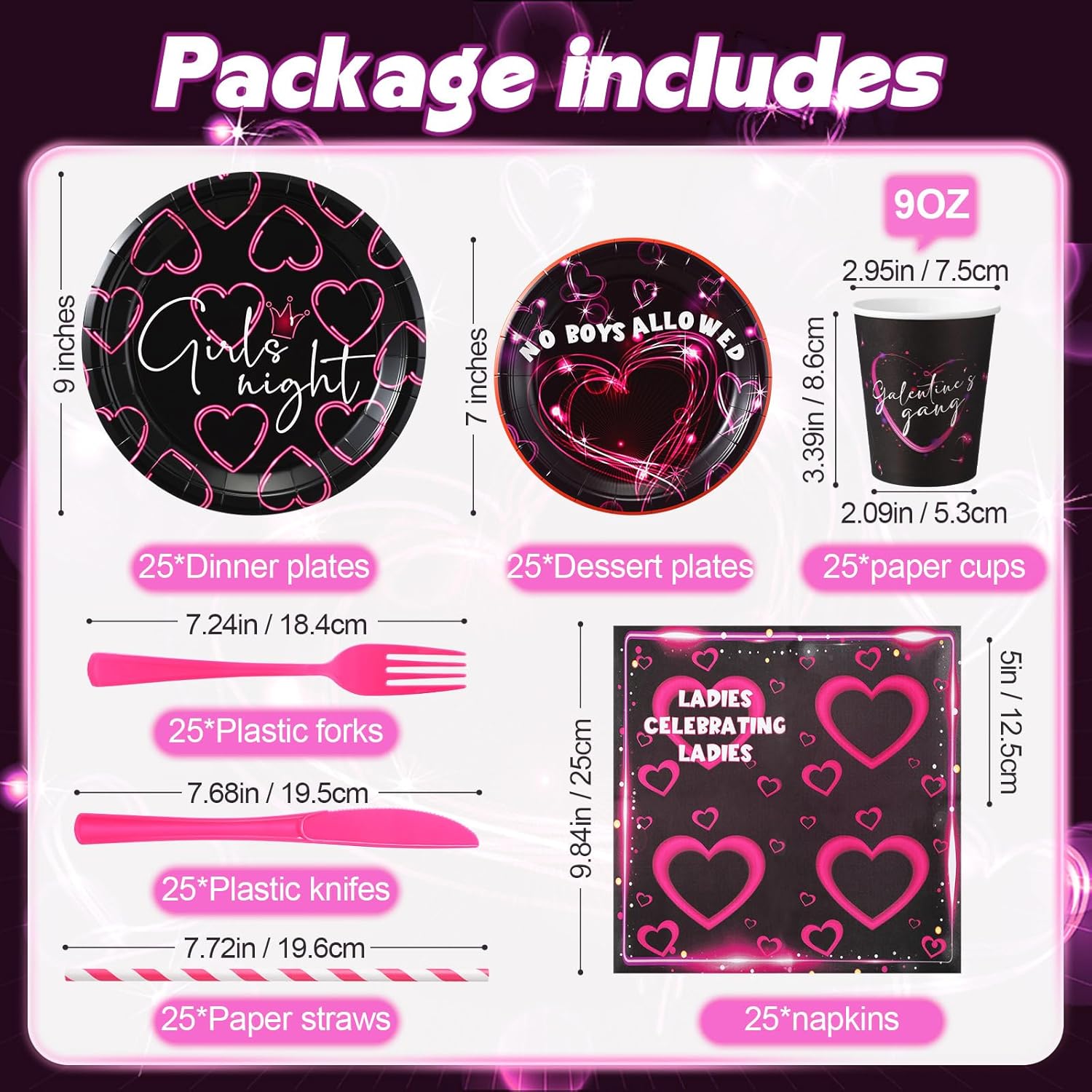 175 Pcs Galentine's Day Plates and Napkins Party Supplies Neon Heart Valentines Ladies Party Decorations Disposable Plates Cups Napkin Galentines Day Tableware Set Serves 25 Guests
