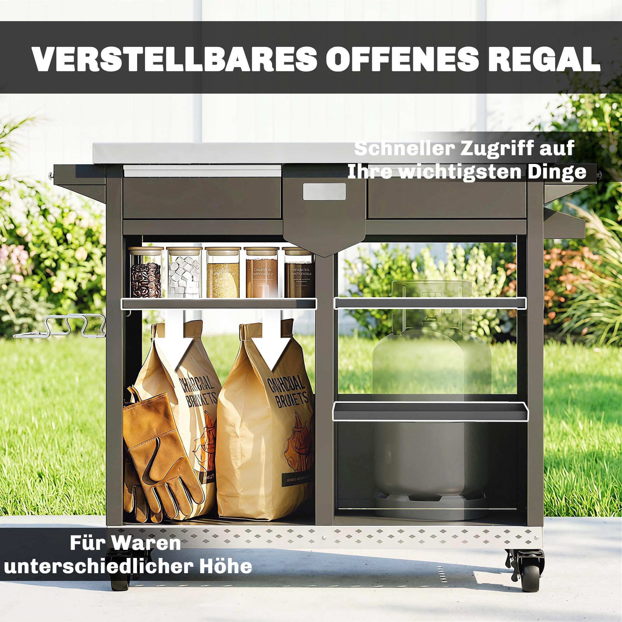 Outsunny Carrito de barbacoa de 5 niveles, mesa de barbacoa con superficie de trabajo de acero inoxidable, ajustable, estantes, cajón, ruedas, soporte para especias, soporte para bolsas de basura
