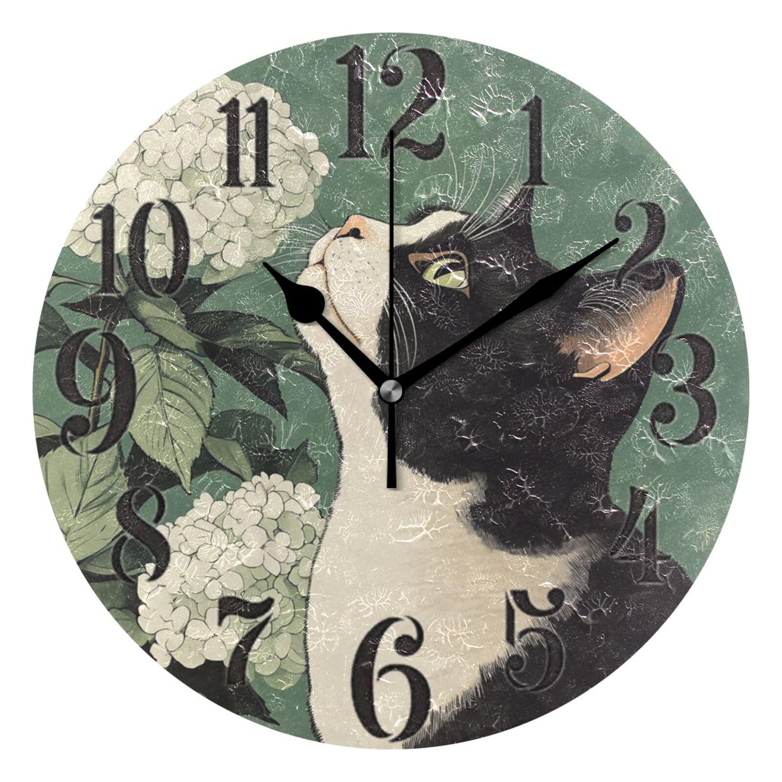 Horloge murale cuisine et salon au design chat noir et fleurs pour une ambiance zen