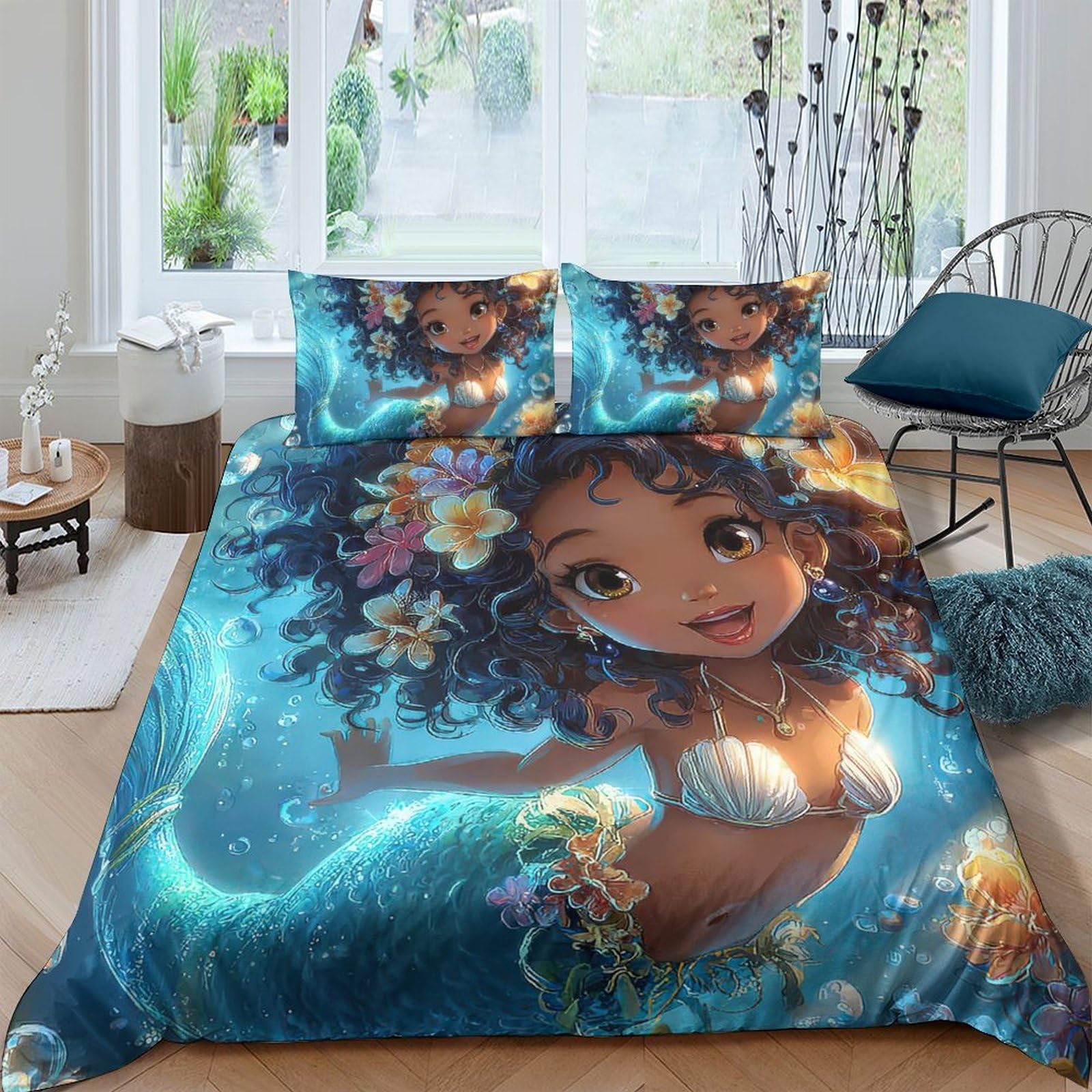 GPLZQXKJNH 3D Printed Tropical Mermaid Duvet Cover Set Microfiber Soft Breathable Ocean Fantasy Quilt Cover with 2 Pillowcases for Bedroom Decor Single（135x200cm）