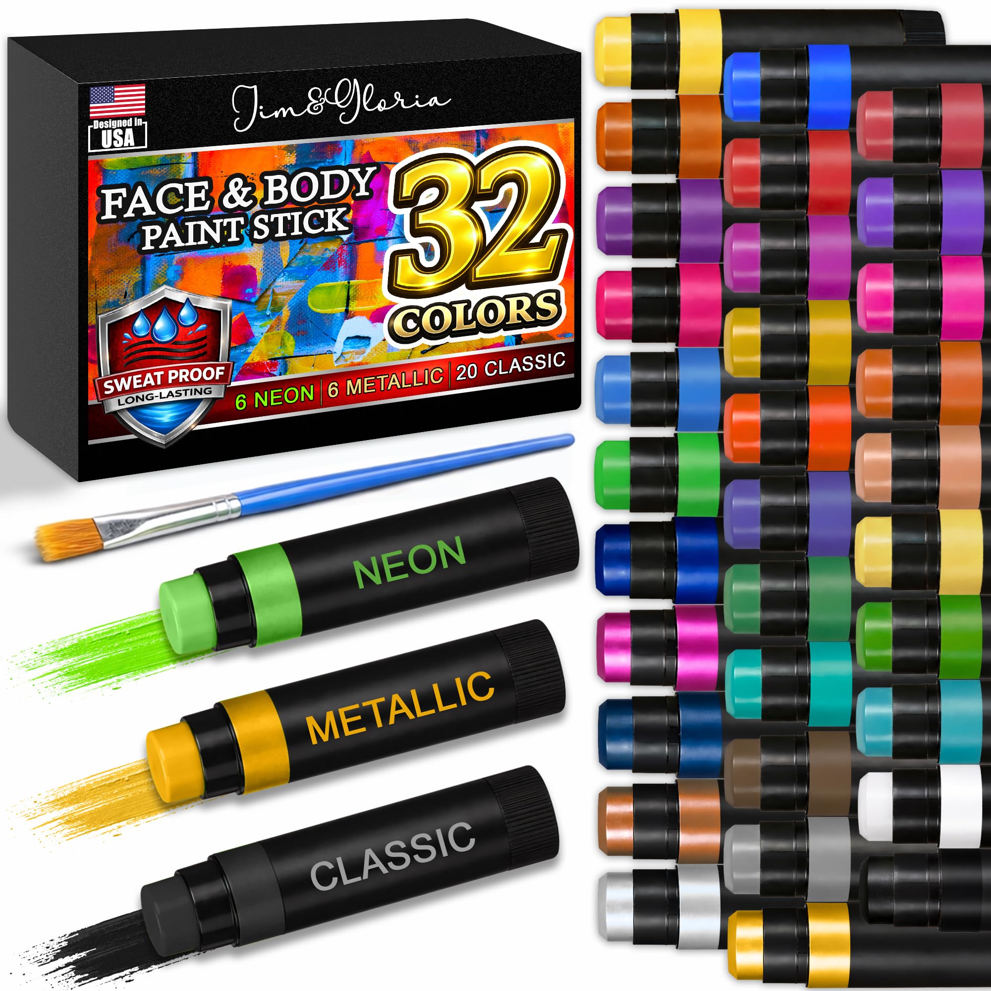 Jim&Gloria Face Paint Kit Bulk 32 Professional Face Painting Kit for Party, Metallic, Neon, Classic Makeup, Facepaint Crayons, Washable Body Paint Adults, Teenage Girls and Boys Christmas Gifts Crafts