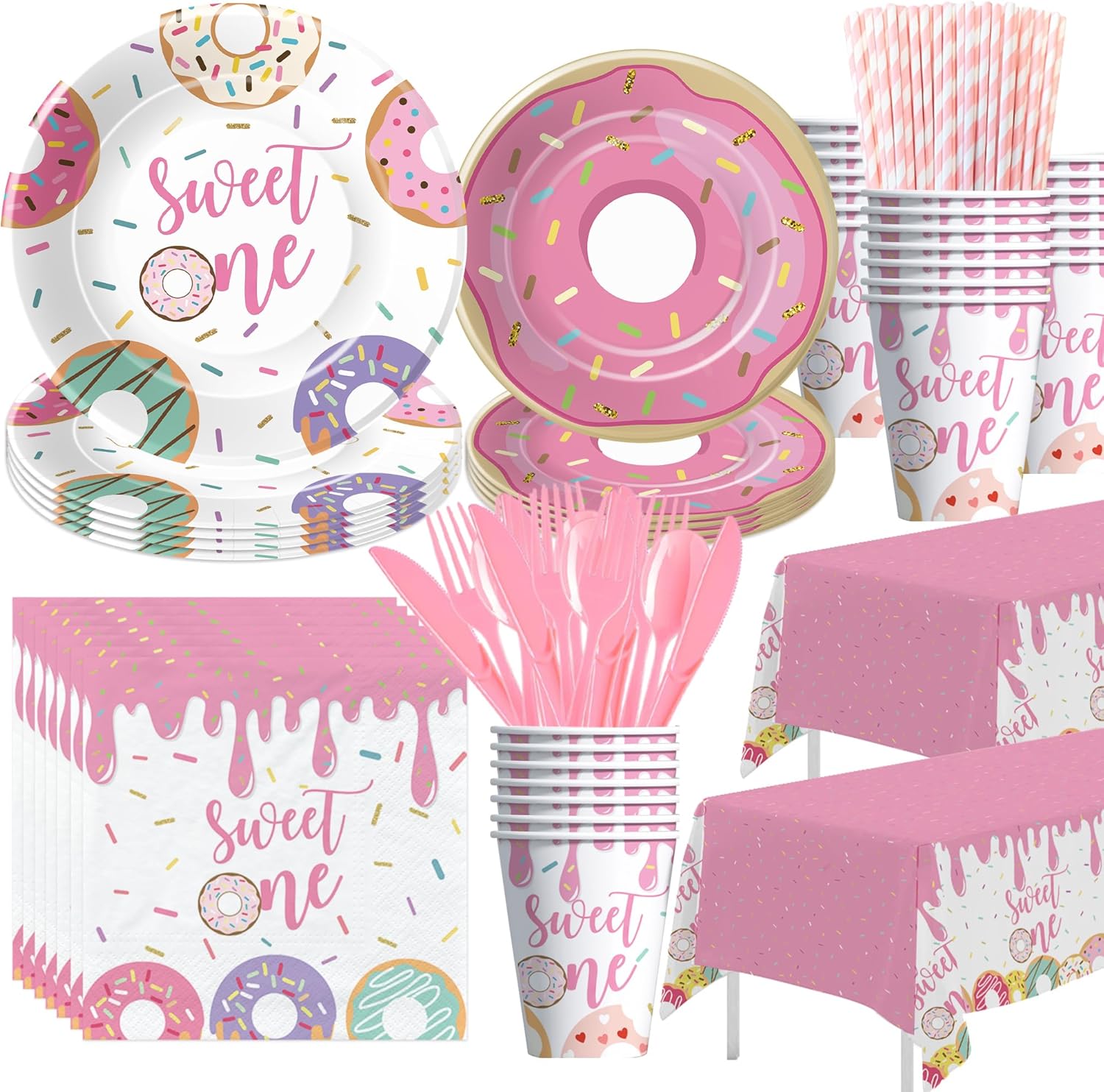 Xigejob Donut Sweet One Birthday Party Decorations Tableware For Girls First - Pink Donut 1st Birthday Party Supplies, Plate, Cup, Napkin, Cutlery, Tablecloth | Serves 24